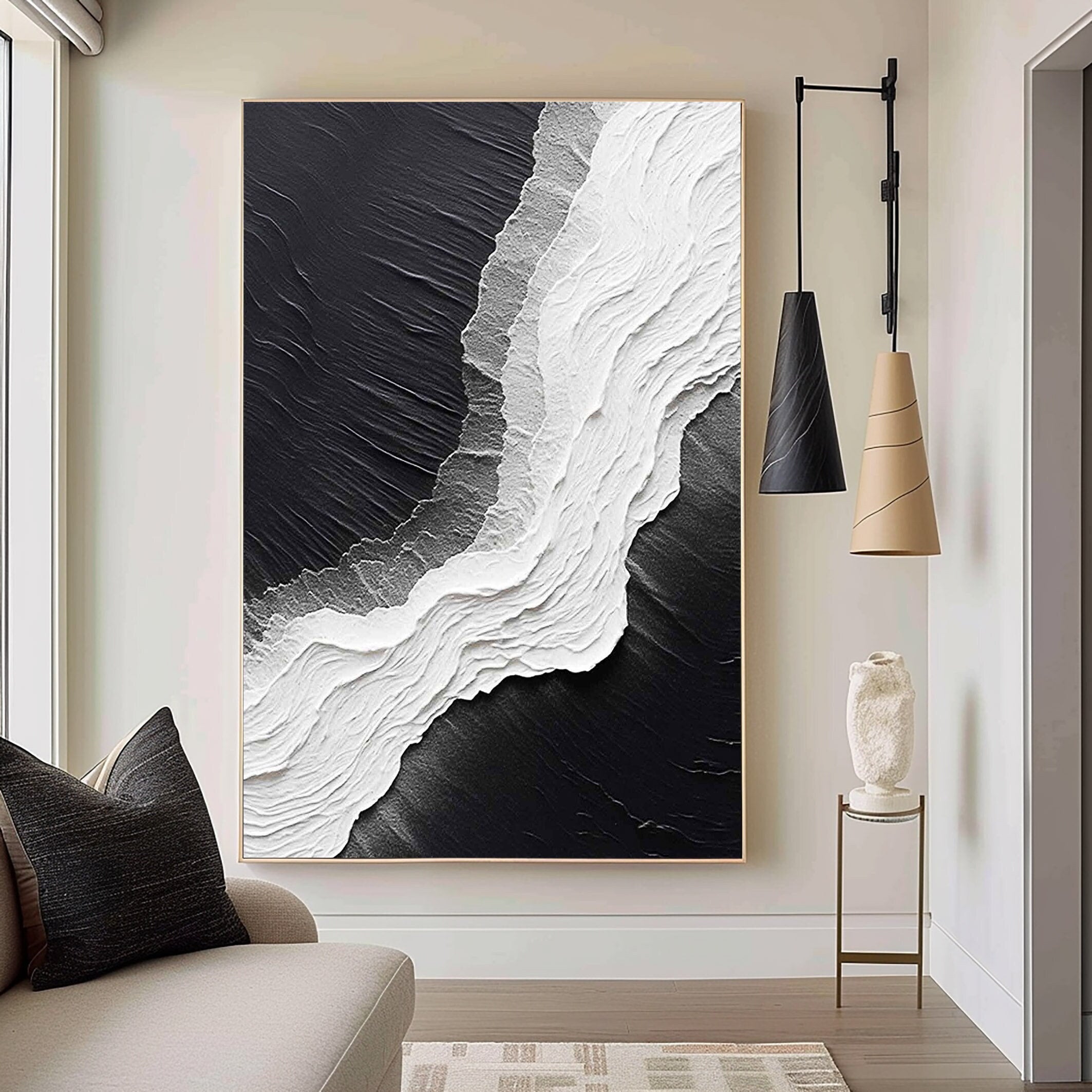 MONOCHROME RIDGE: Texture Wall Art, Hand-Painted Black and White 3D Plaster Relief Heavy Texture Studio Art