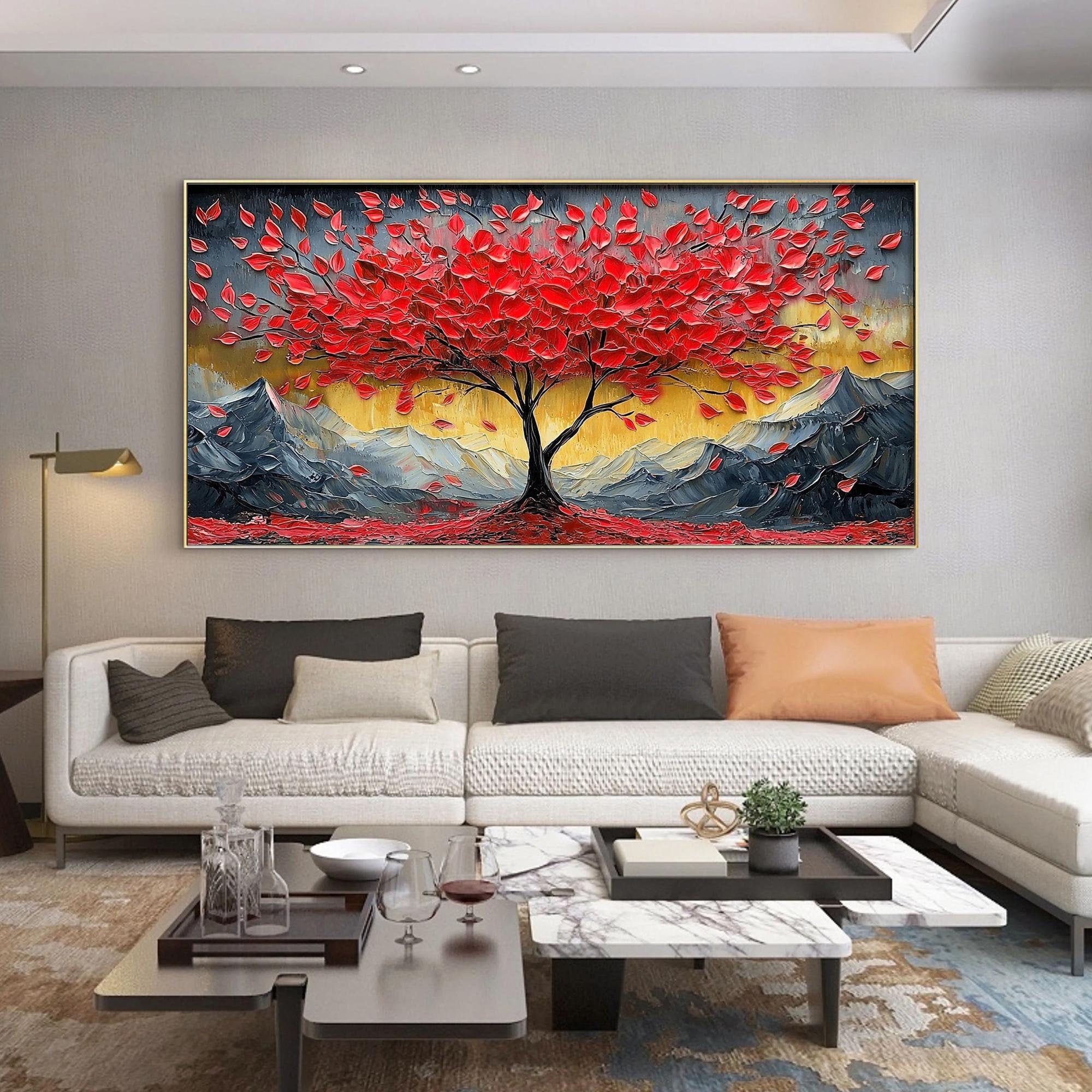 Crimson Peak – Hand-Painted Red Leaf Money Tree Snow Mountain Palette Knife Oil Tree Painting | Contemporary Mountain Living Room & Home Office Art