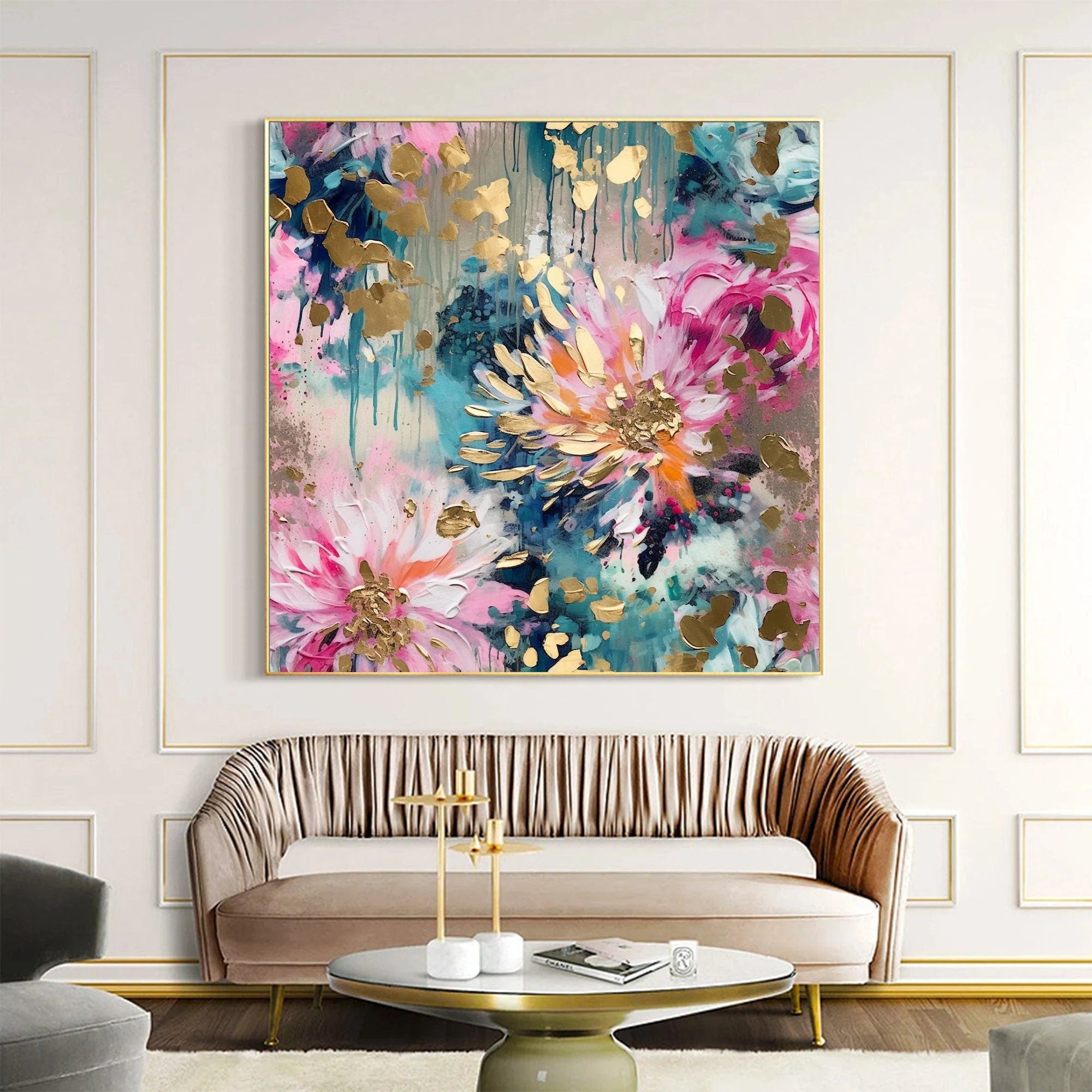 Aurora Bloom – Hand-Painted Multicolored Pink and Teal Gold Foil Abstract Floral Painting | Modern Luxury Botanical Bedroom & Living Room Art