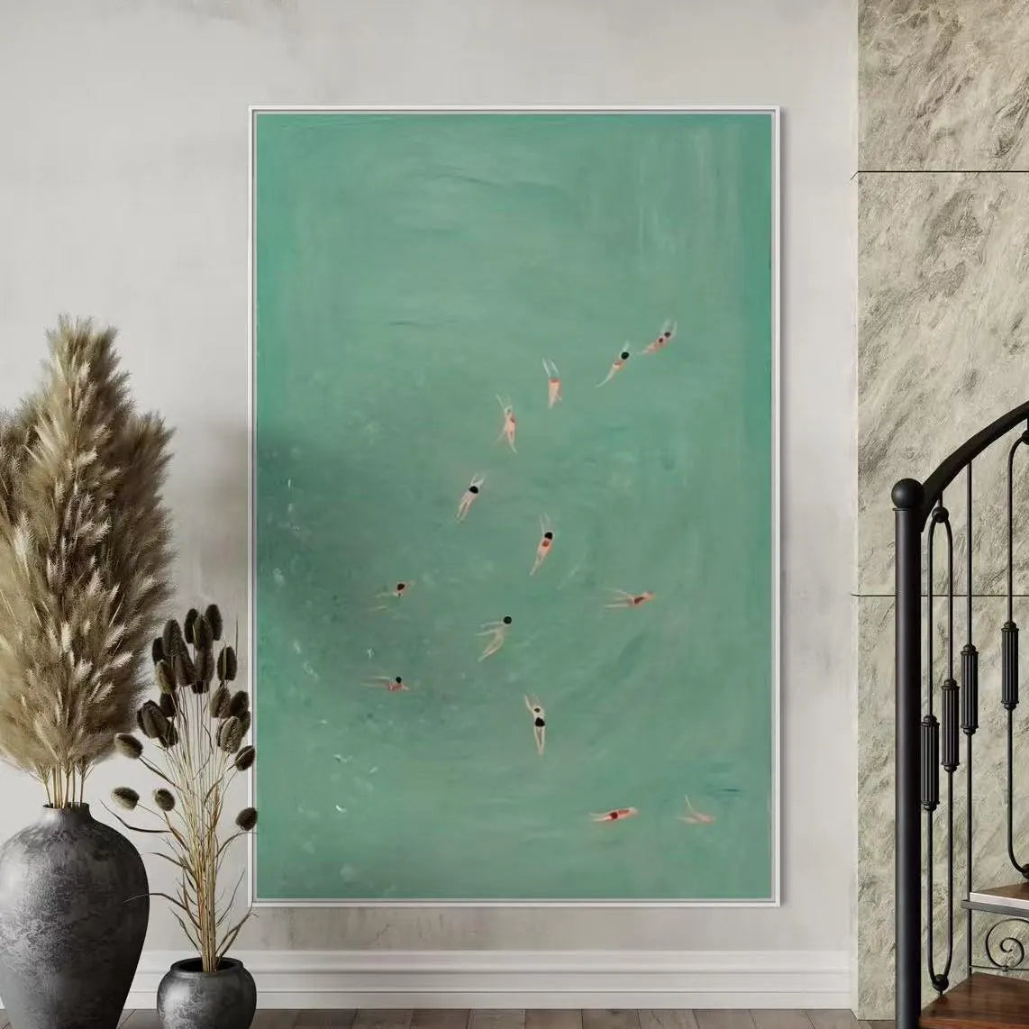 Mint Sea Wanderlust – Modern Retro Swimmers Mint Green Art | Cozy Summer Bedroom Art