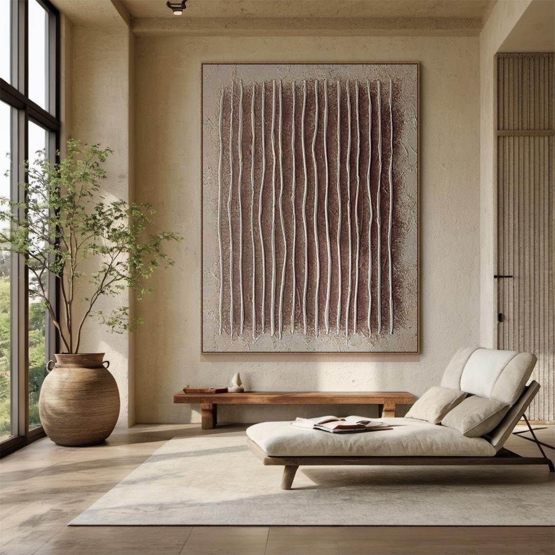 Vertical Echo – Hand-Painted Earthy Red and Beige Line Plaster Effect Wabi-Sabi Painting | Japandi Organic Wabi-Sabi Living Room & Hallway Art
