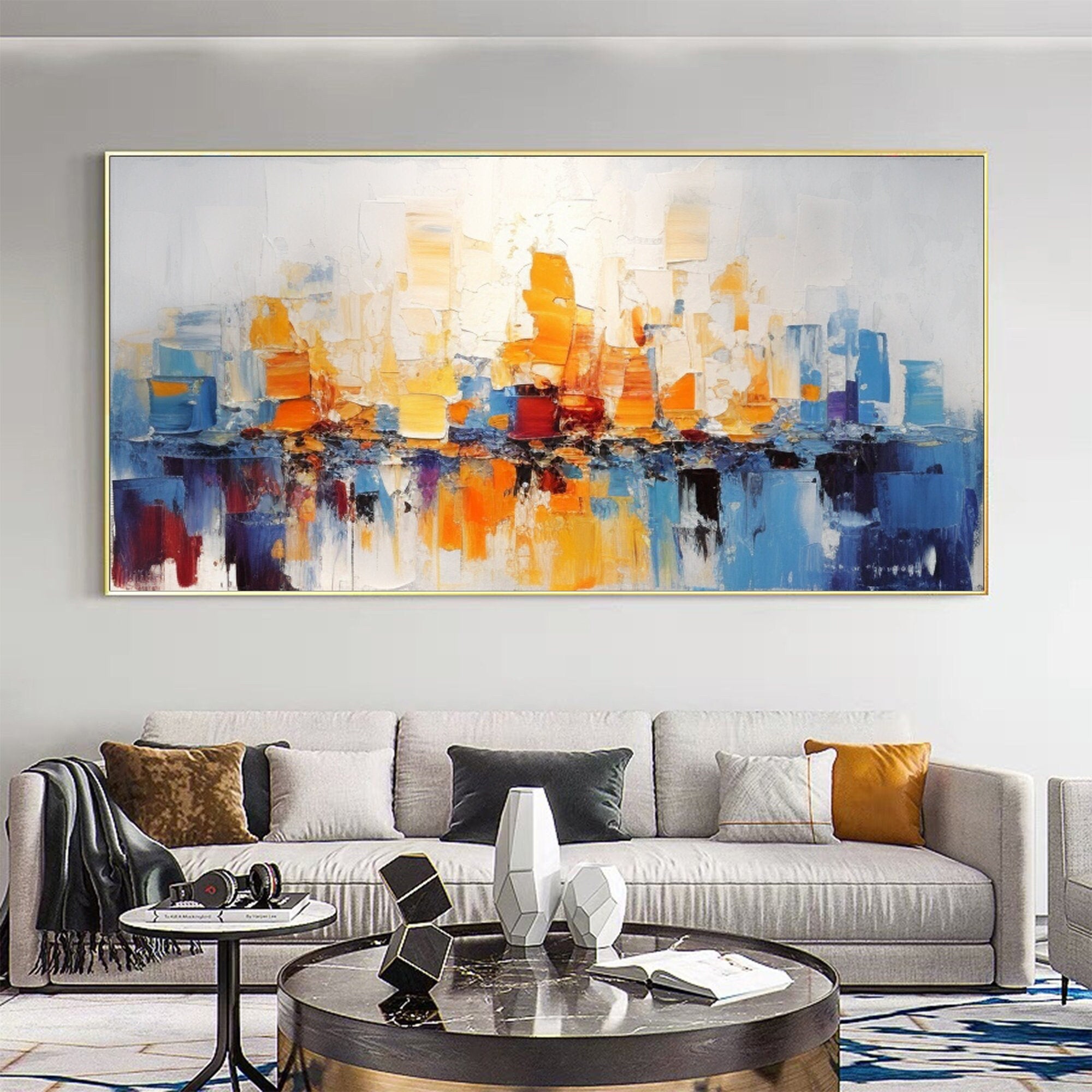 Urban Silhouette – Hand-Painted Yellow and Blue Cityscape Abstract Texture Painting | Modern Abstract Living Room & Office Art