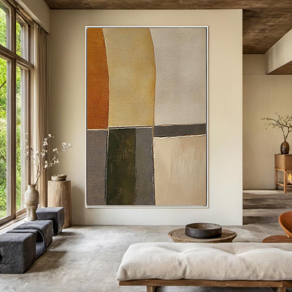 MID-CENTURY BLOCKS: Minimalist Wall Art, Hand-Painted Modern Abstract Ochre and Grey Textured Gallery Art