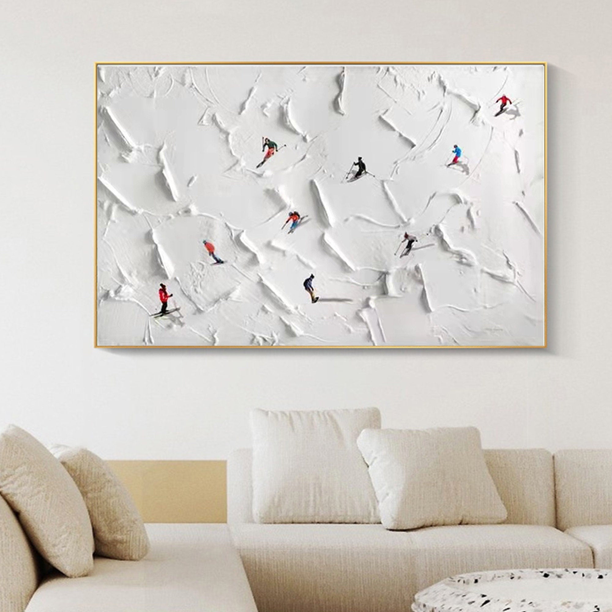 Alps Glide – Hand-Painted Minimalist Skiing Winter Athlete 3D Plaster Effect Sport Painting | Contemporary Sport Home Office & Living Room Art