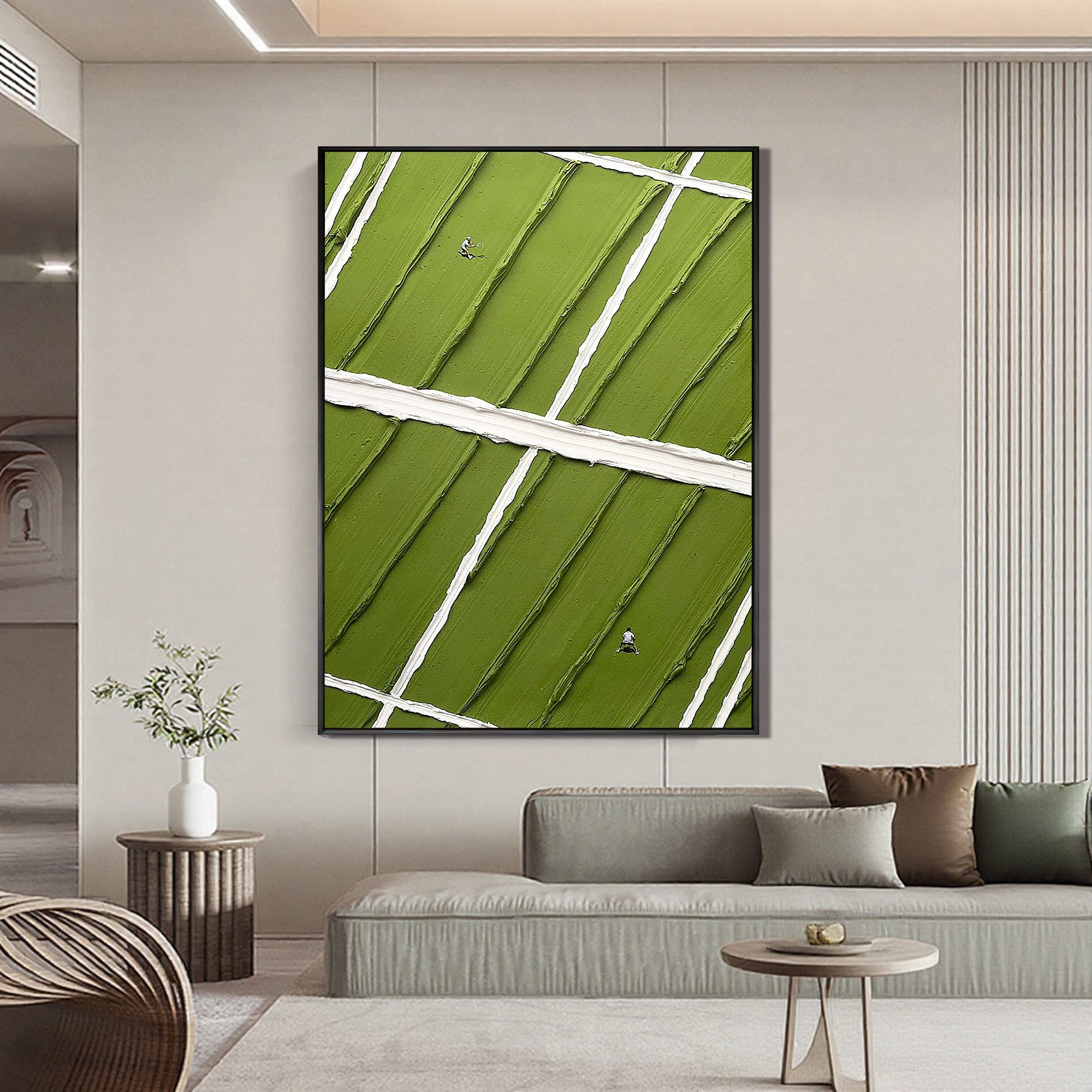Match Point – Hand-Painted Green Tennis Court Minimalist Athletes Sport Painting | Contemporary Sport Home Office & Living Room Art
