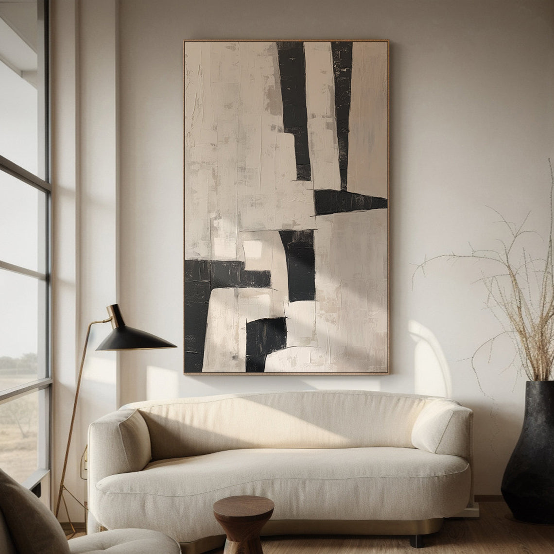Urban Contour – Hand-Painted Charcoal Grey and Beige Geometric Block Abstract Painting | Industrial Abstract Home Office & Living Room Art