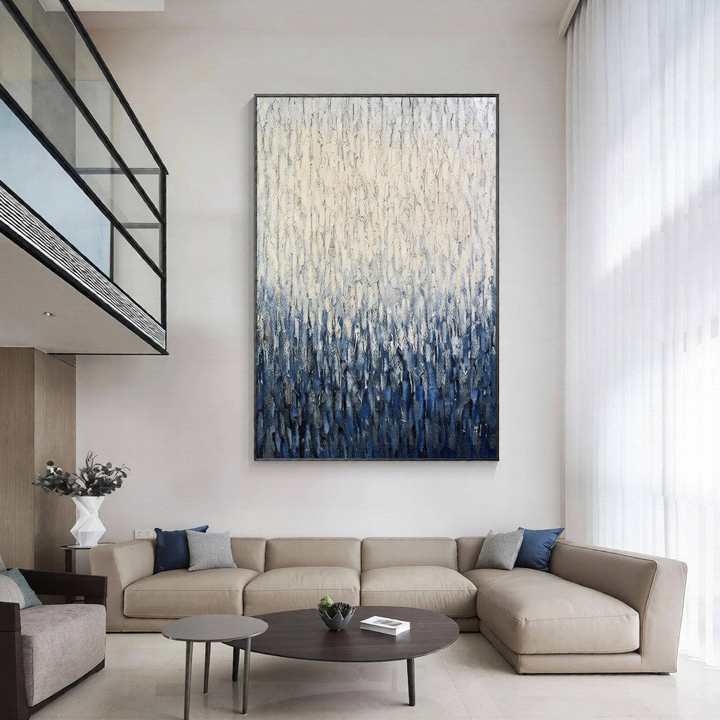 Azure Rain – 3D Heavy Texture Blue & White Pointillism Relief Abstract Painting | Modern Abstract Living Room & Office Art