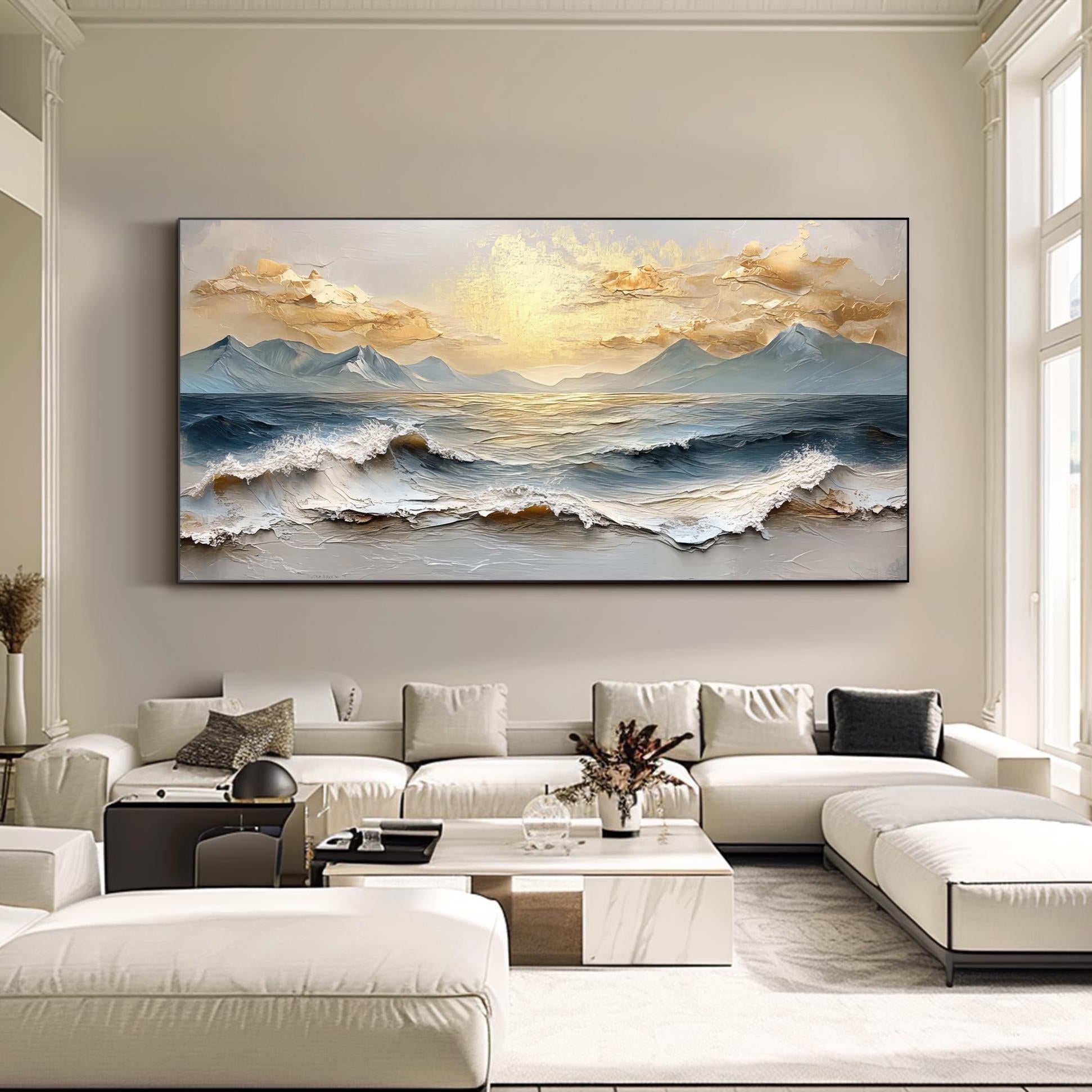 Aurum Tide – Hand-Painted Golden Sunset Mountain Ocean Wave Palette Knife Oil Seascape Painting | Contemporary Mountain Living Room & Home Office Art