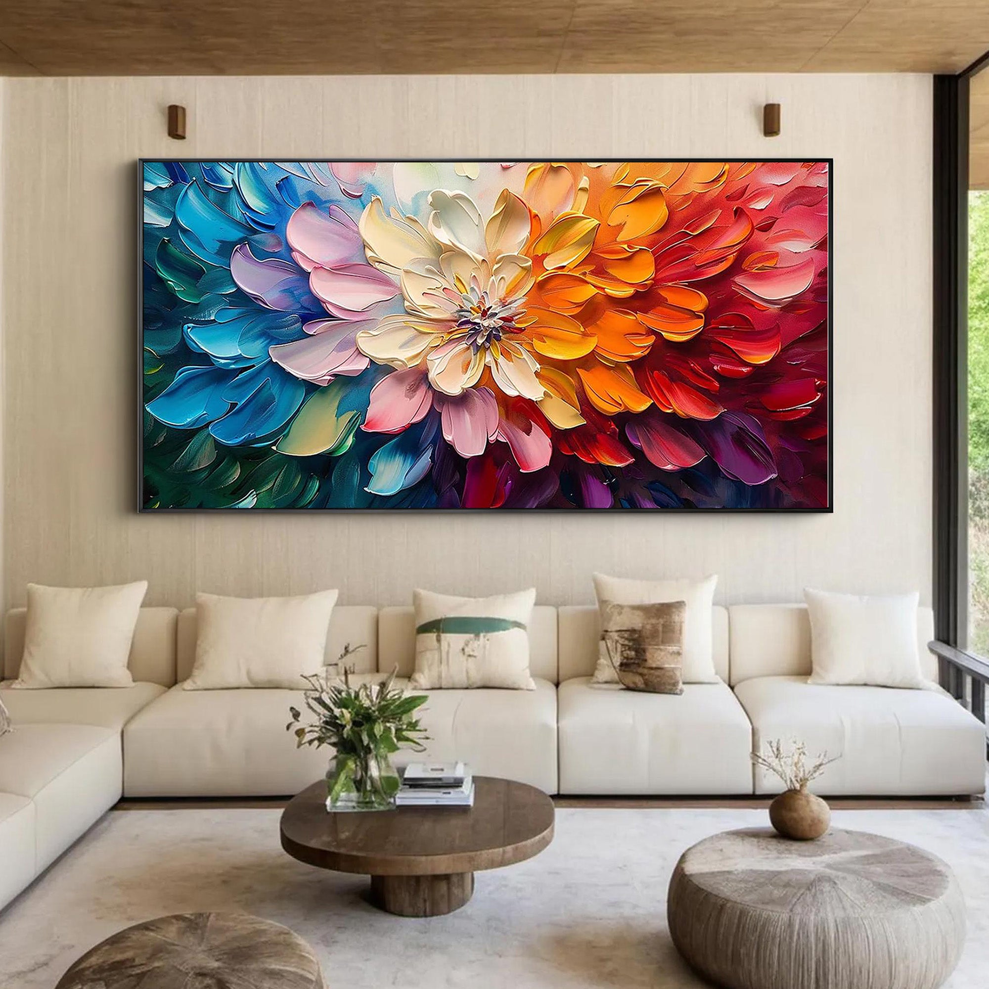 Spectrum Bloom – Hand-Painted Multicolored 3D Impasto Flower Heavy Texture Oil Floral Painting | Vibrant Botanical Living Room & Dining Room Art