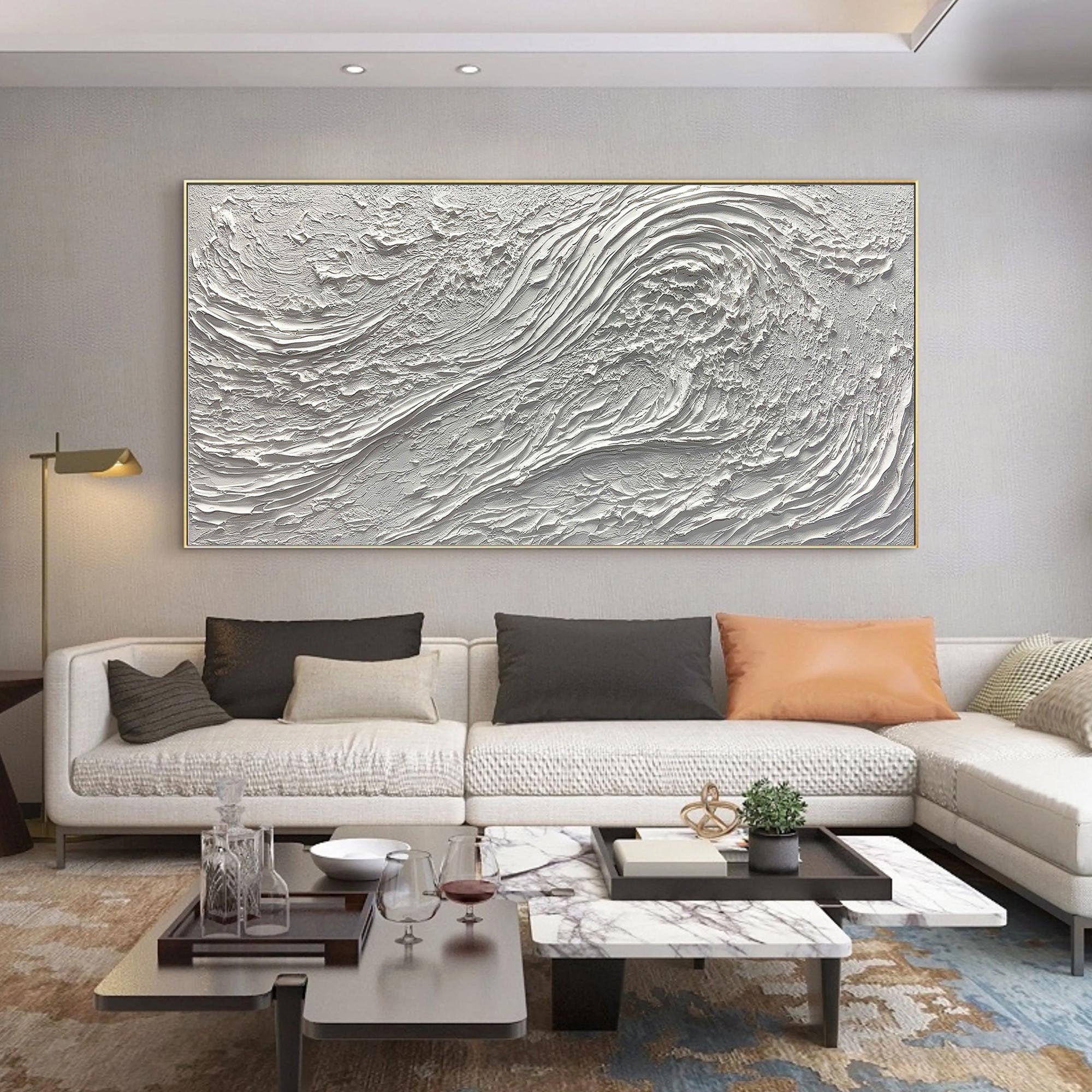 OCEAN CREST: Panoramic 3D Heavy Texture Wall Art, White Plaster Wave Relief Painting