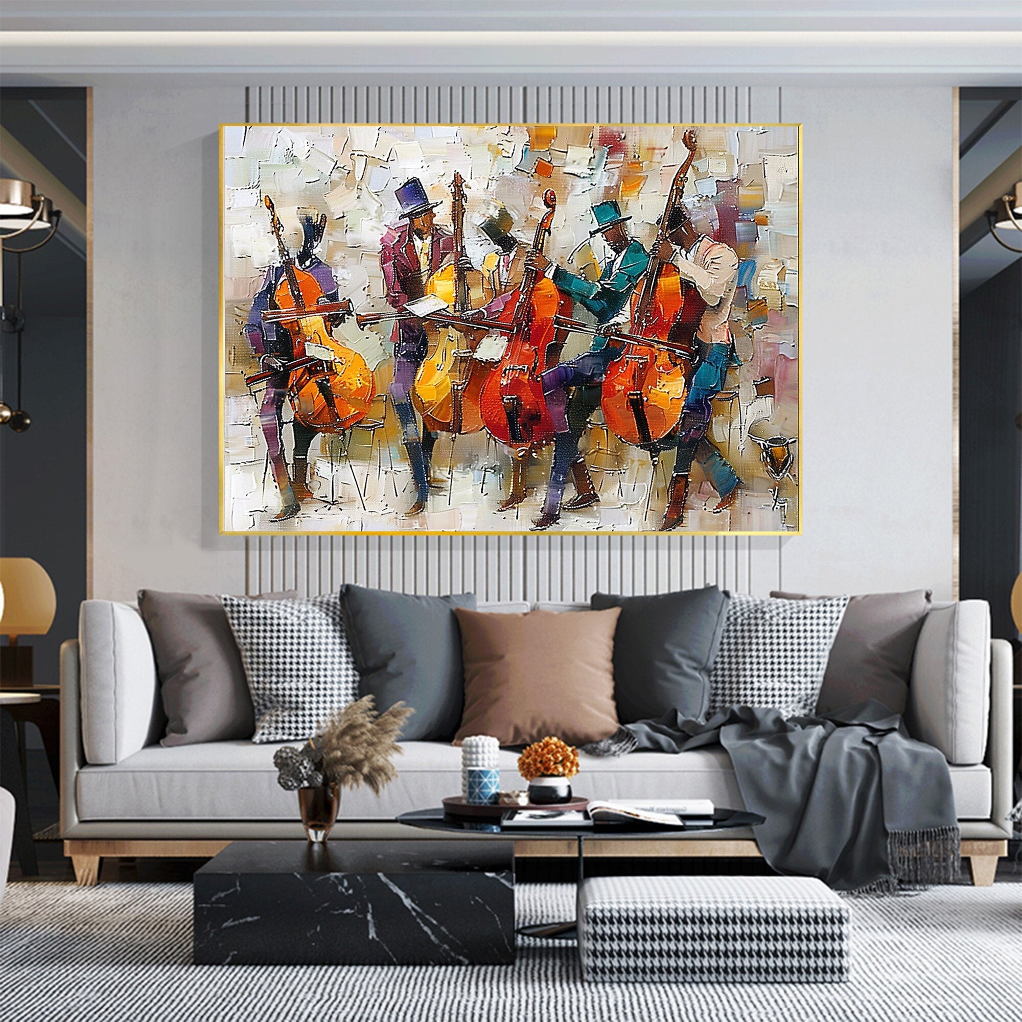 Jazz Rhythm – Hand-Painted Abstract Cello Ensemble Musical Palette Knife Textured Oil Portrait Painting | Contemporary Expressionist Living Room & Office Art