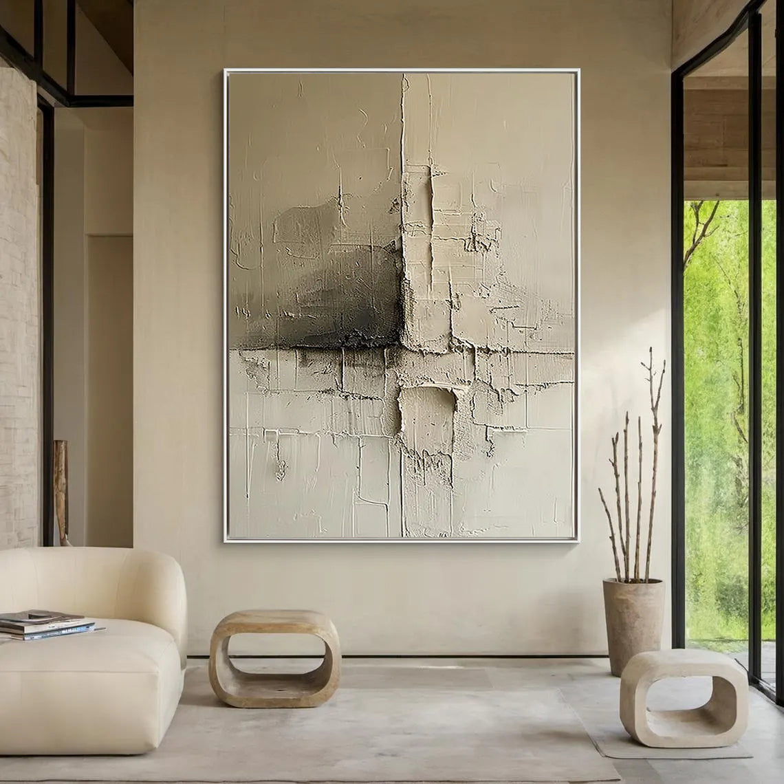 Ancient Trace – Hand-Painted Neutral Beige and Grey Plaster Effect Relief Texture Painting | Japandi Organic Texture Living Room & Bedroom Art