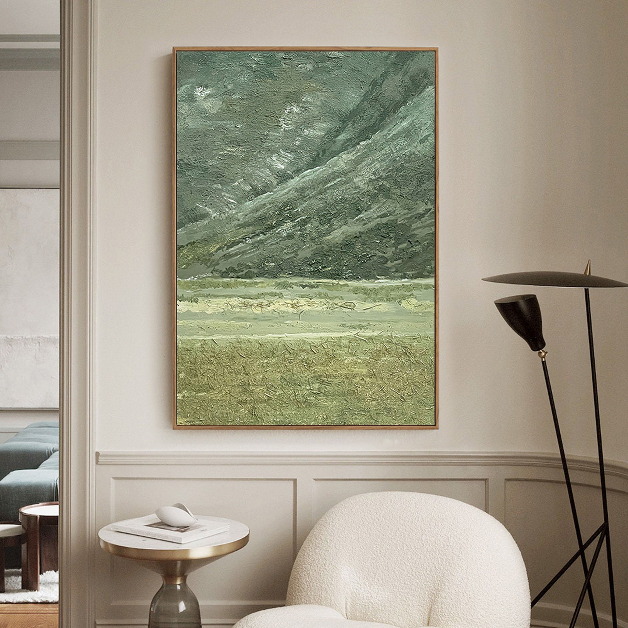 Moss Strata – Hand-Painted Sage Green Plaster Effect Layered Wabi-Sabi Painting | Japandi Wabi-Sabi Living Room & Bedroom Art