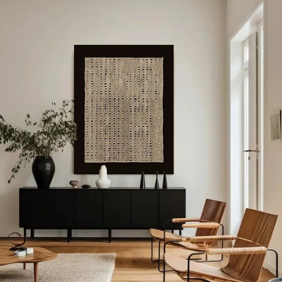 Zen Lattice – 3D Heavy Texture Black & Sand Plaster Relief Wabi-Sabi Painting | Japandi Organic Wabi-Sabi Living Room & Hallway Art