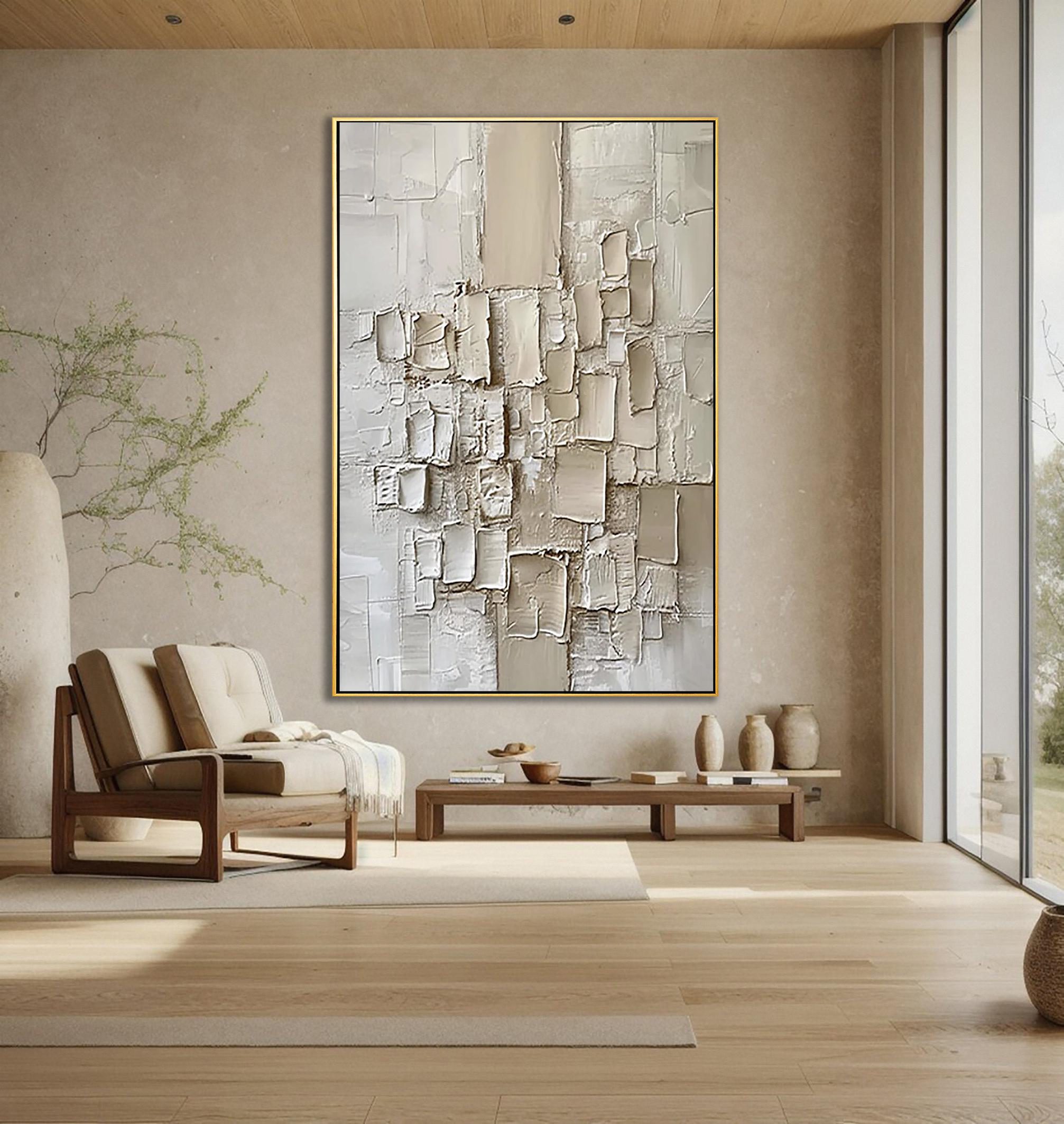CREAMY MOSAIC: Texture Wall Art, Hand-Painted Minimalist Off-White Geometric Block Plaster Relief Heavy Texture Canvas Painting