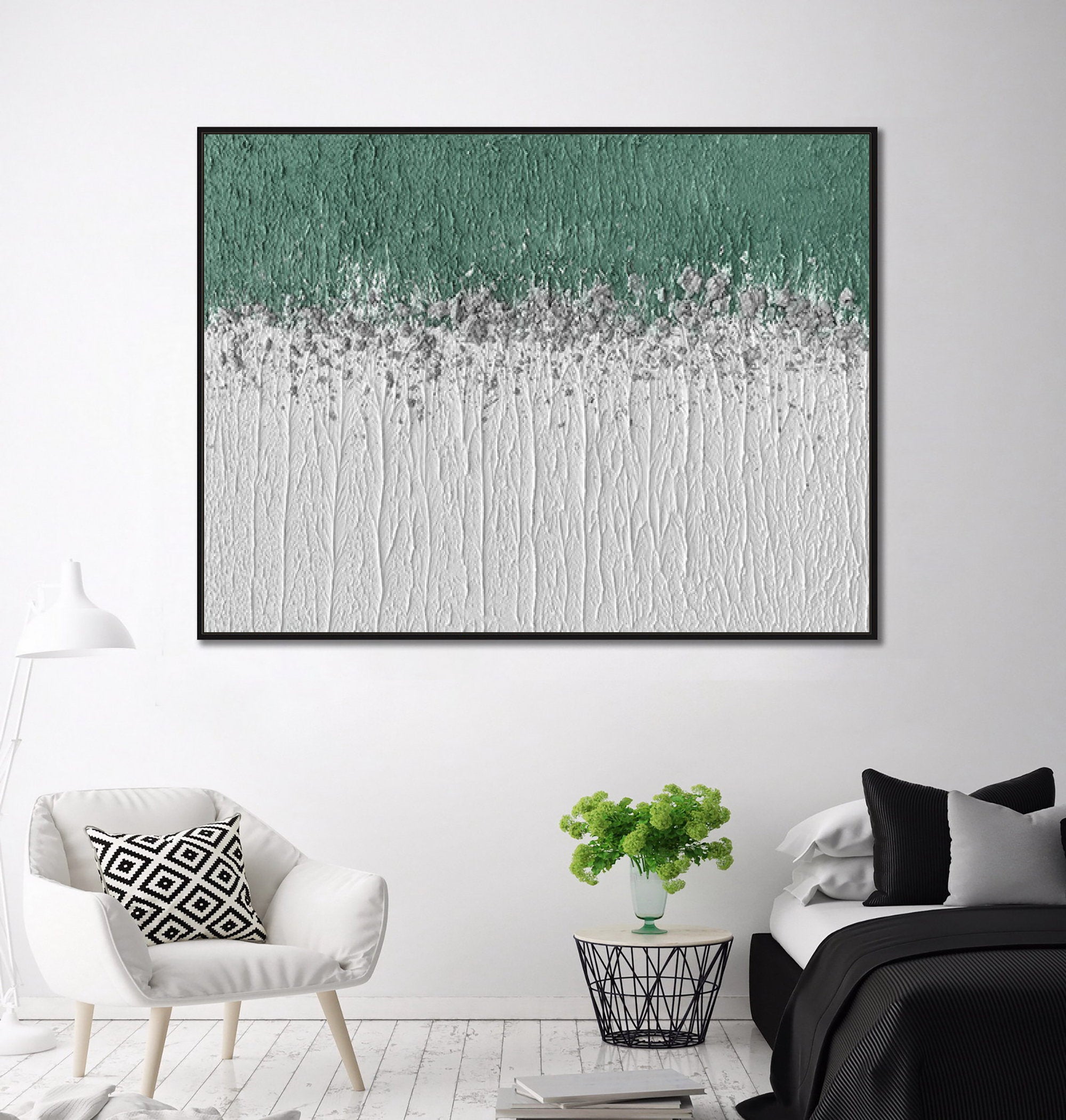 Misty Meadow – Panoramic Linear Texture Art | Heavy Impasto Green & White Abstract Living Room Decor