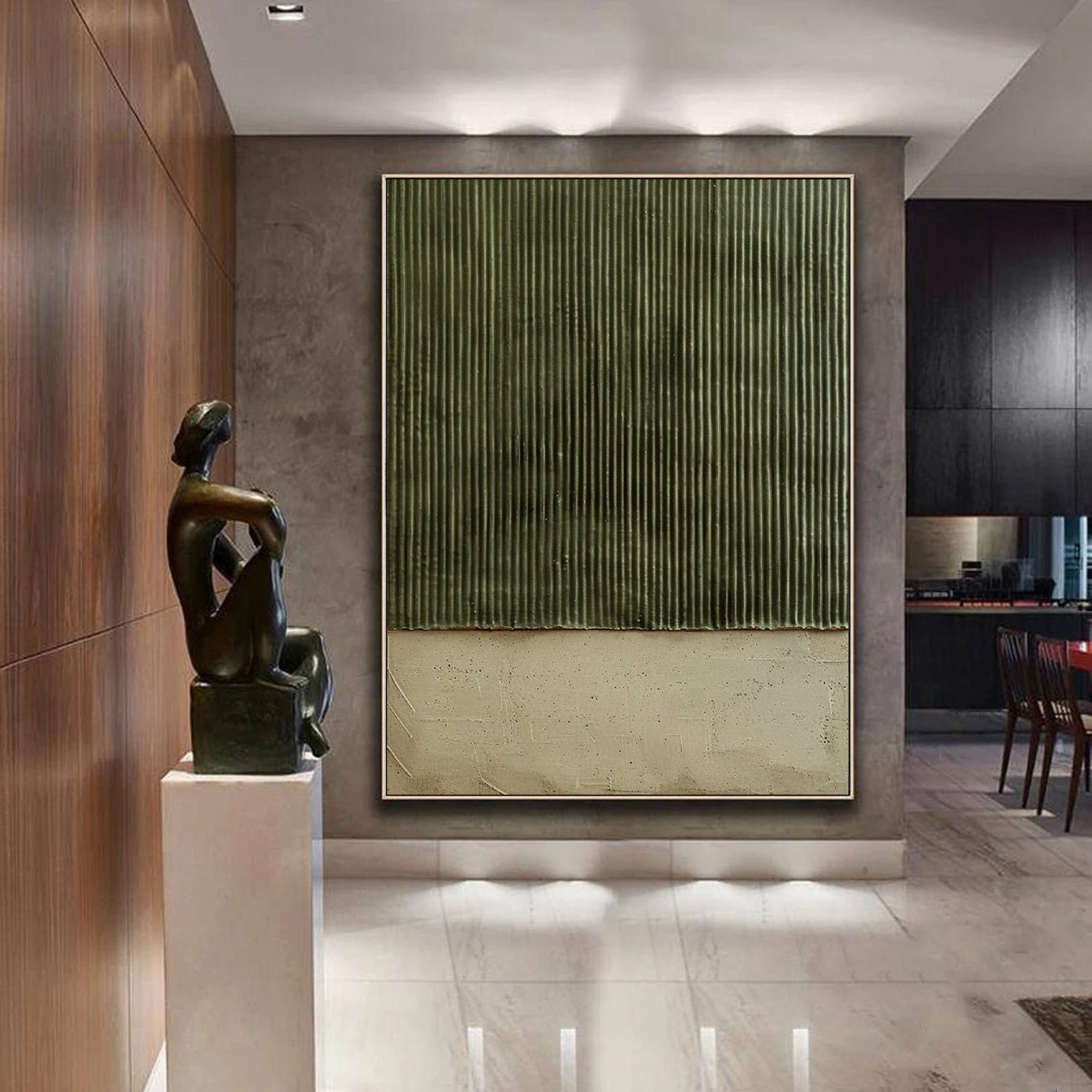 Vertical Zen – Hand-Painted Olive Green Fluted Texture Plaster Effect Abstract Wabi-Sabi Painting | Japandi Wabi-Sabi Living Room & Bedroom Art