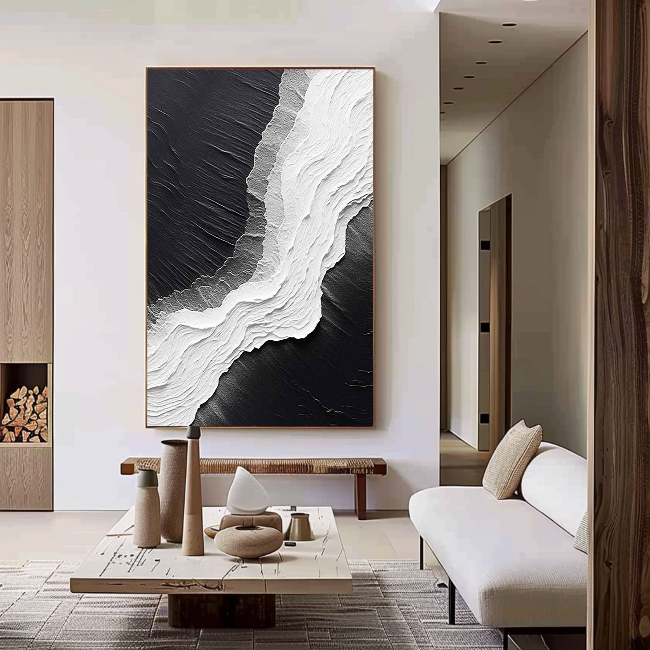 MONOCHROME RIDGE: Texture Wall Art, Hand-Painted Black and White 3D Plaster Relief Heavy Texture Studio Art