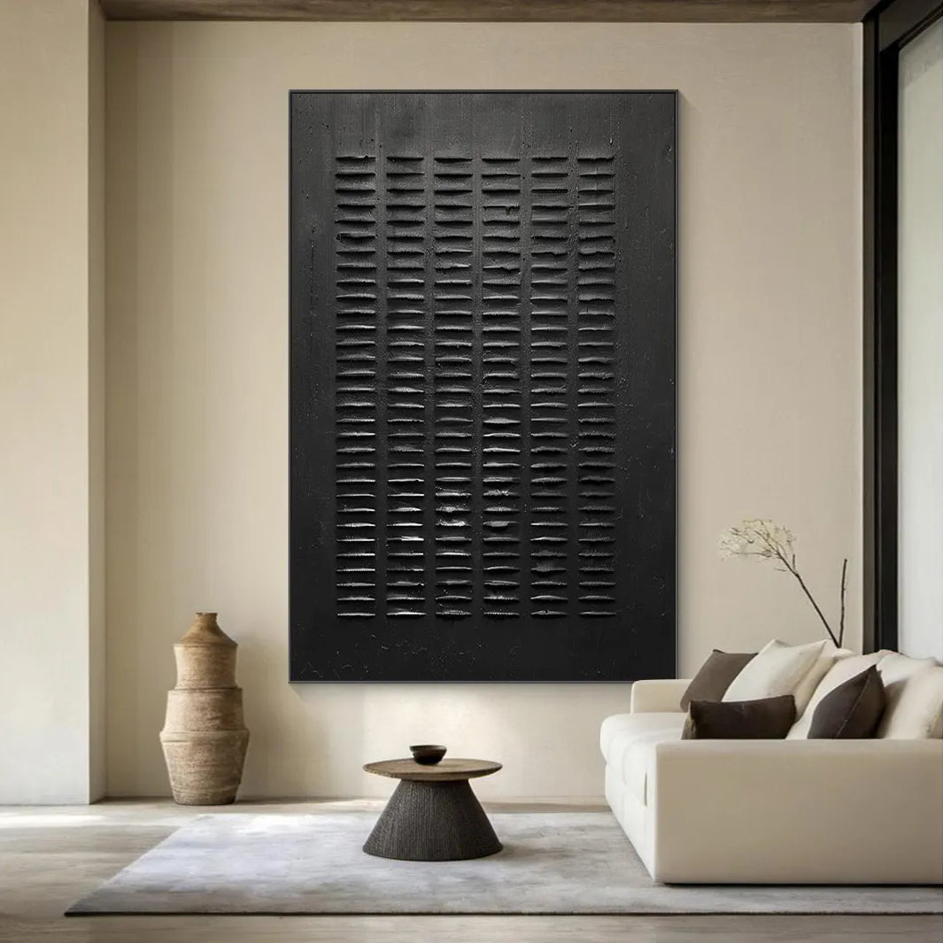 Onyx Matrix – Hand-Painted Minimalist All-Black Plaster Effect Wabi-Sabi Painting | Modern Noir Wabi-Sabi Living Room & Home Office Art