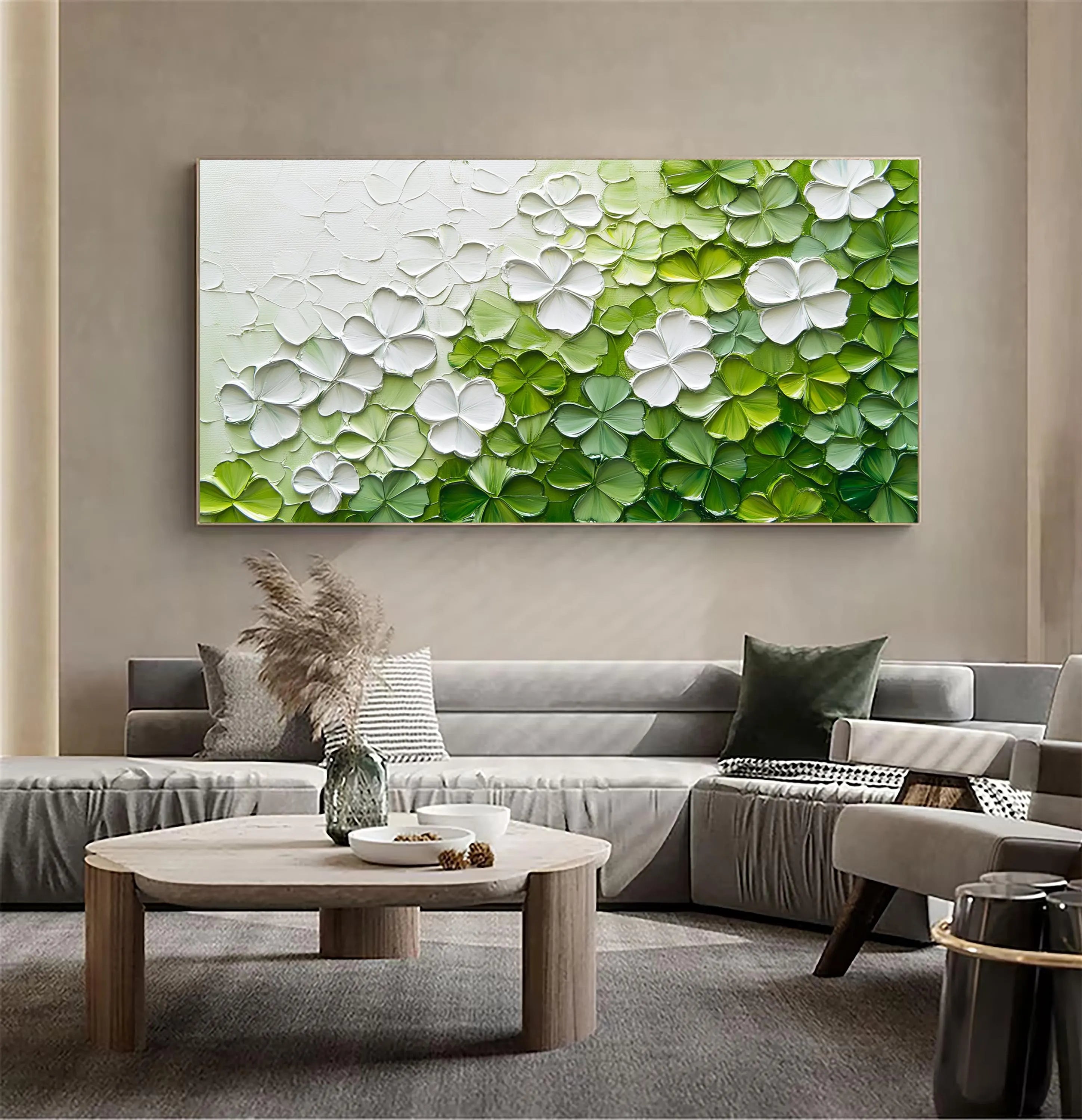 Lush Bloom – Modern White & Sage Green Relief Floral Painting | Tropical Botanical Bedroom & Dining Room Art