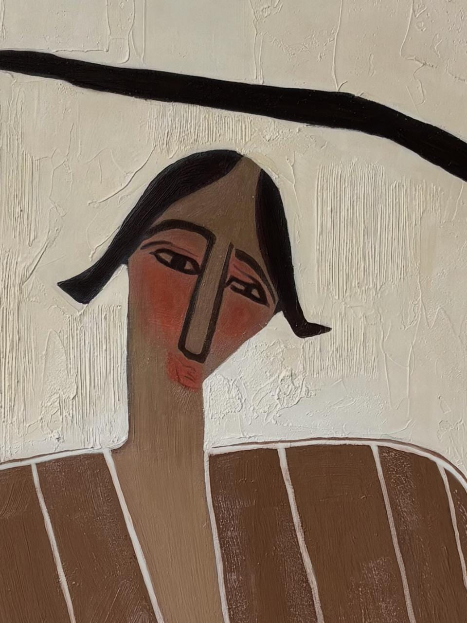 The Cream Solitude – Wabi-Sabi Heavy Textured Woman Portrait Painting | Minimalist Square Hallway Art