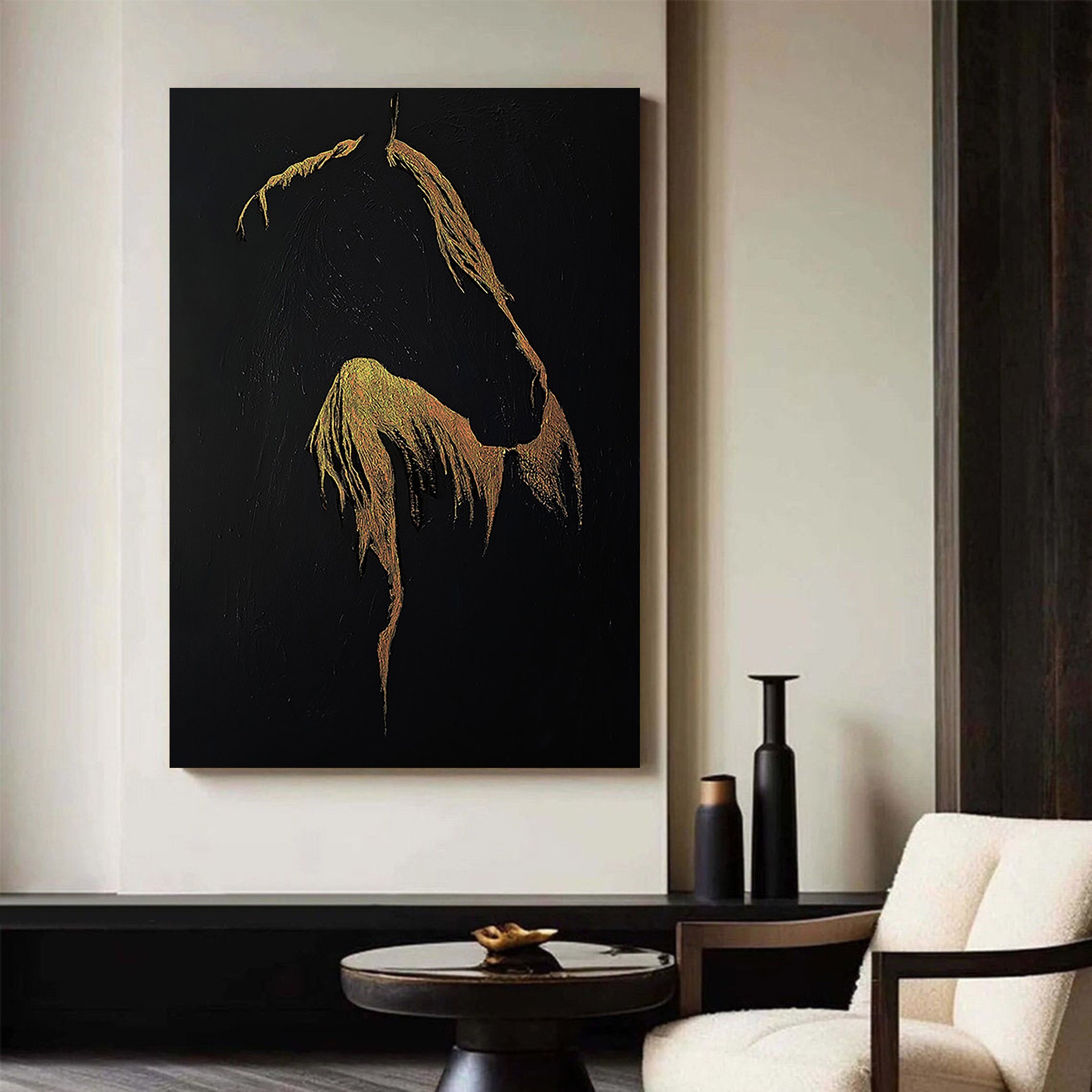 Golden Silhouette – Luxury Black and Gold Horse Painting | Minimalist Textured Animal Living Room Art