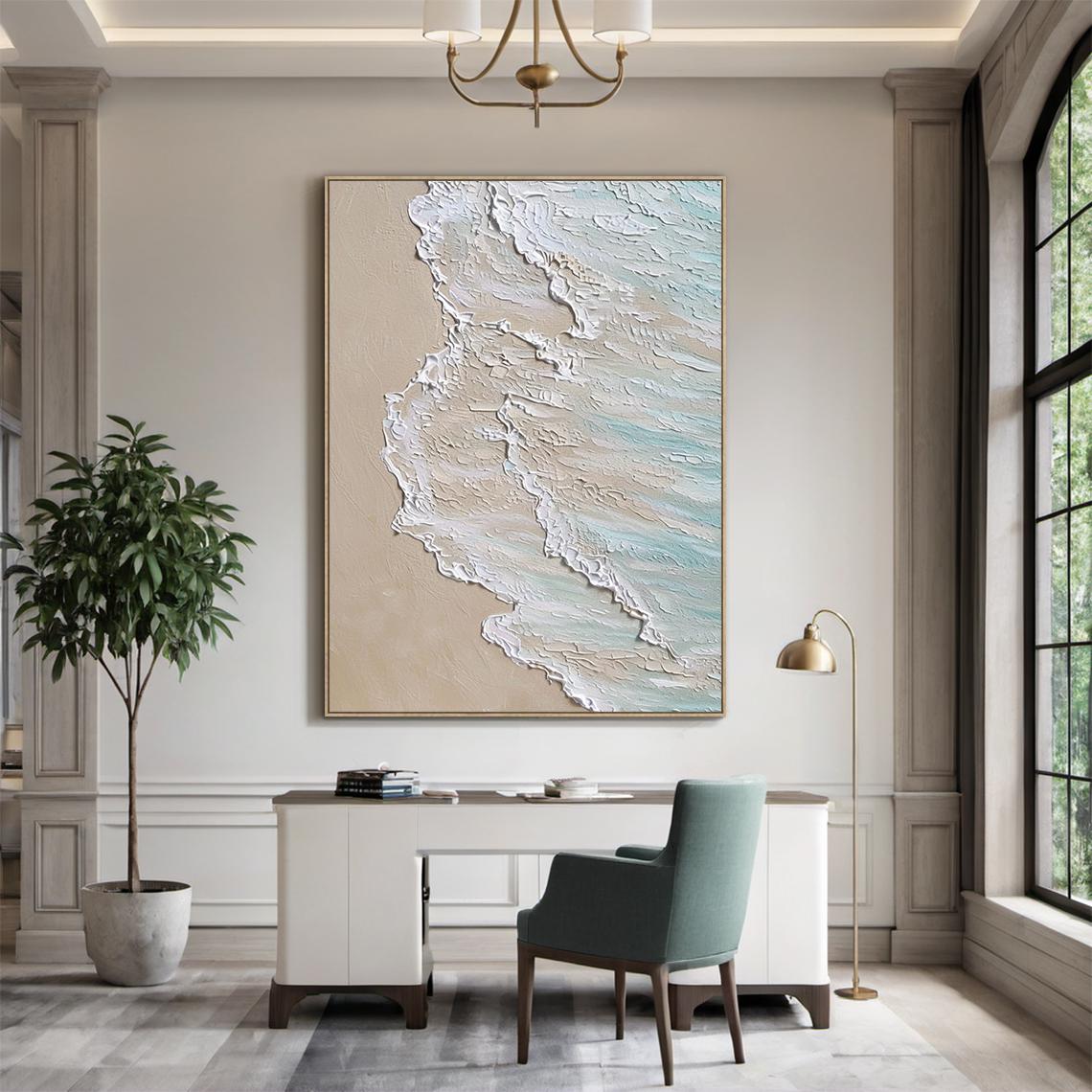 Shoreline Drift – Hand-Painted Ocean Wave Sea Foam 3D Relief Seascape Painting | Coastal Modern Living Room & Bedroom Art