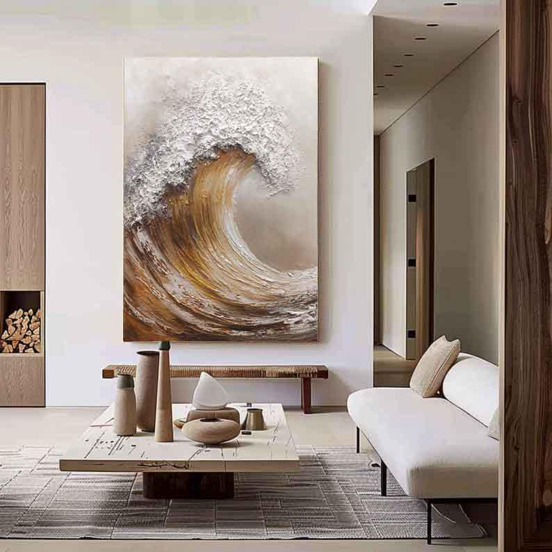 Amber Surge – Modern Creamy Ivory Abstract Heavy Impasto Painting | Contemporary Impasto Palette Knife Living Room Art