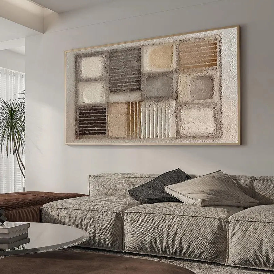 Earthen Mosaic – Modern Neutral Plaster Relief Grid Wabi-Sabi Painting | Japandi Organic Wabi-Sabi Living Room & Hallway Art