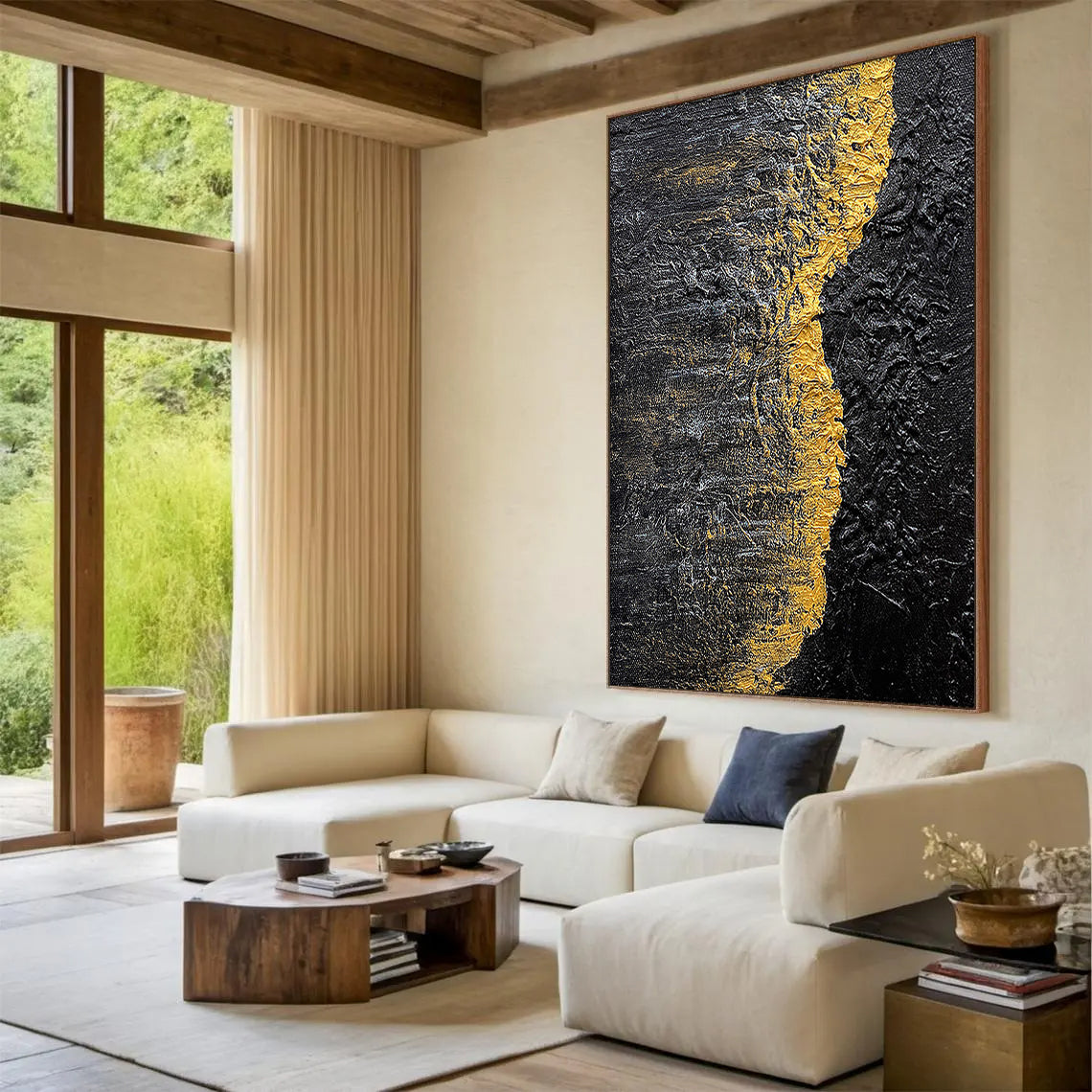 Golden Rift – Heavy Impasto Black and Gold Abstract Art | Luxury Minimalist Living Room Art