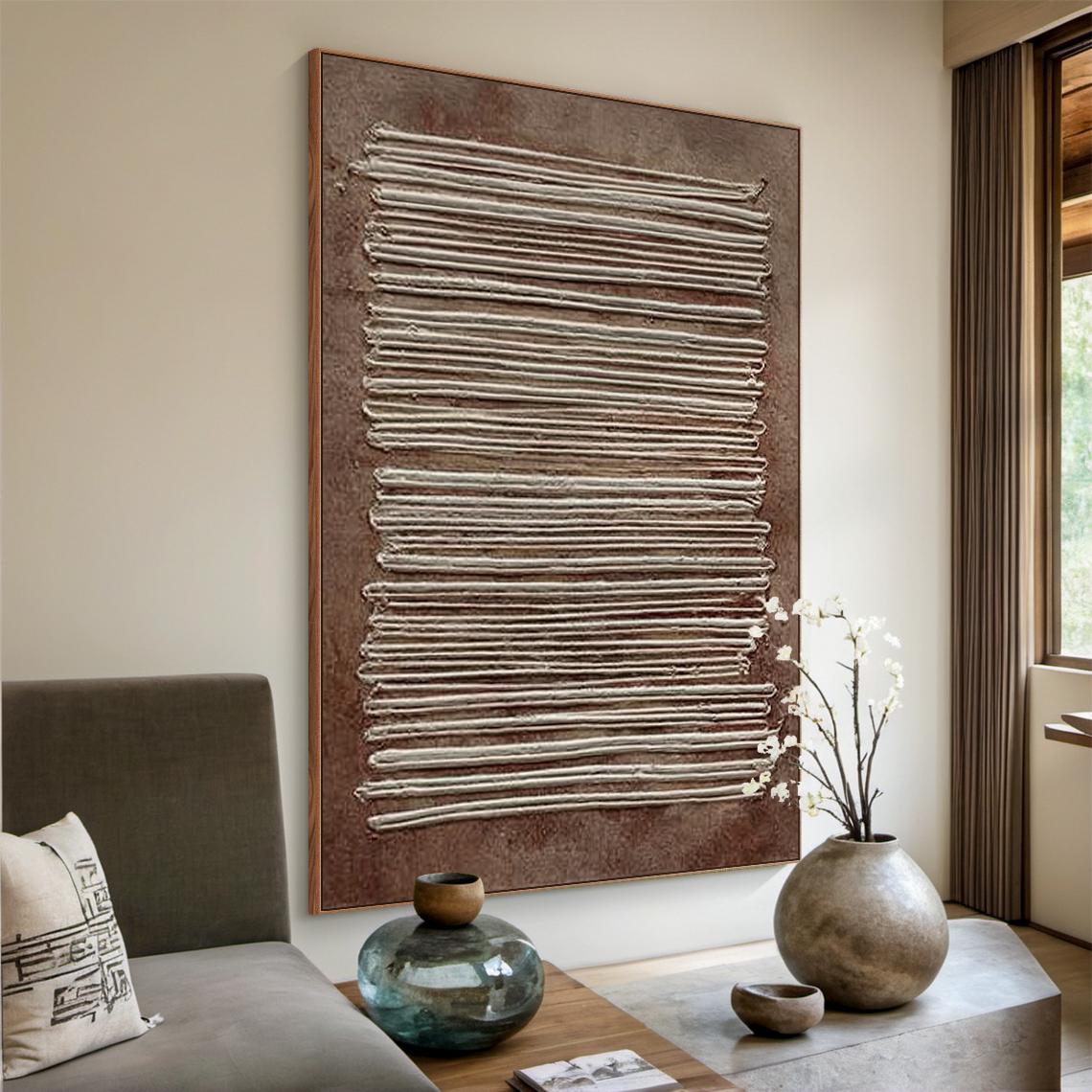 Earthen Linen – Modern Terracotta & White Plaster Relief Grid Wabi-Sabi Painting | Japandi Organic Wabi-Sabi Living Room & Hallway Art