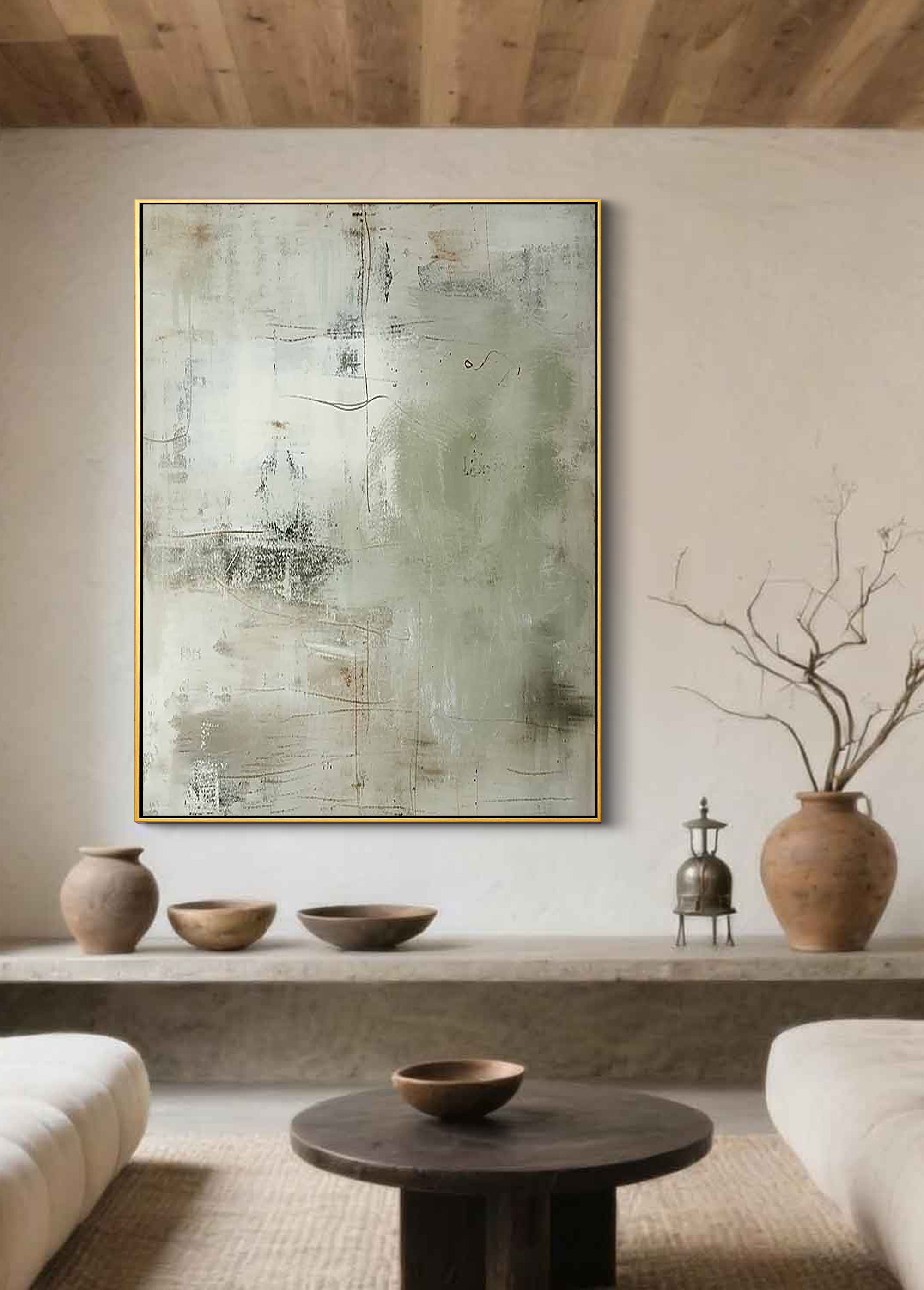 Timeless Trace – Minimalist Industrial Grey Plaster Effect Hand-Painted Wabi-Sabi Painting | Japandi Wabi-Sabi Living Room & Bedroom Art