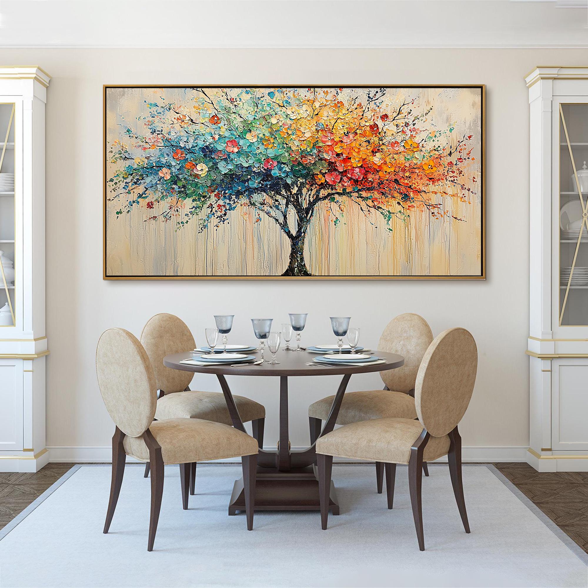 Colorful Harmony – Vibrant Dot-style Landscape Panoramic Painting | Contemporary Landscape Living Room & Dining Room Art