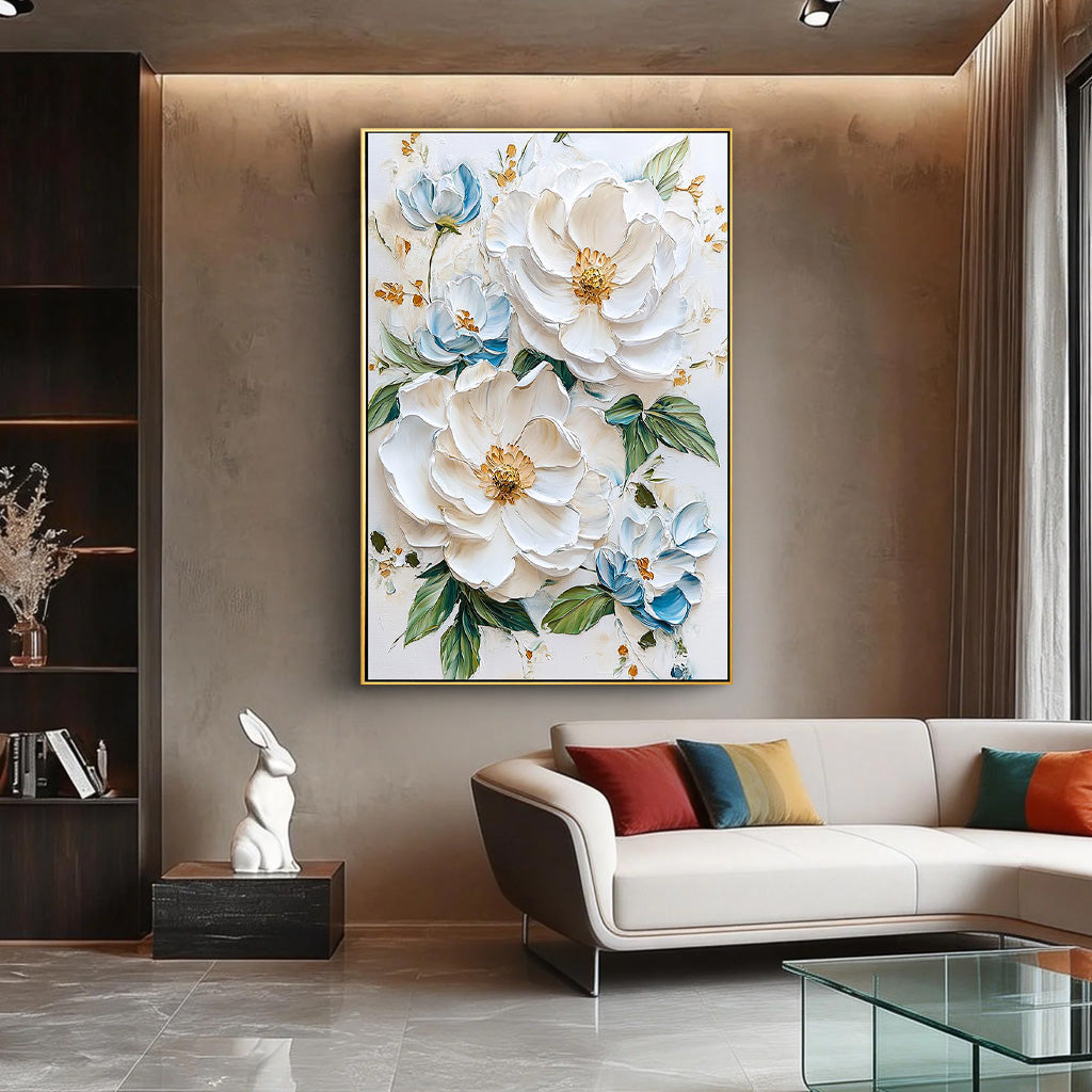 Pure Elegance – Hand-Painted Off-White and Soft Blue 3D Relief Plaster Effect Floral Painting | Soft Organic Botanical Bedroom & Living Room Art