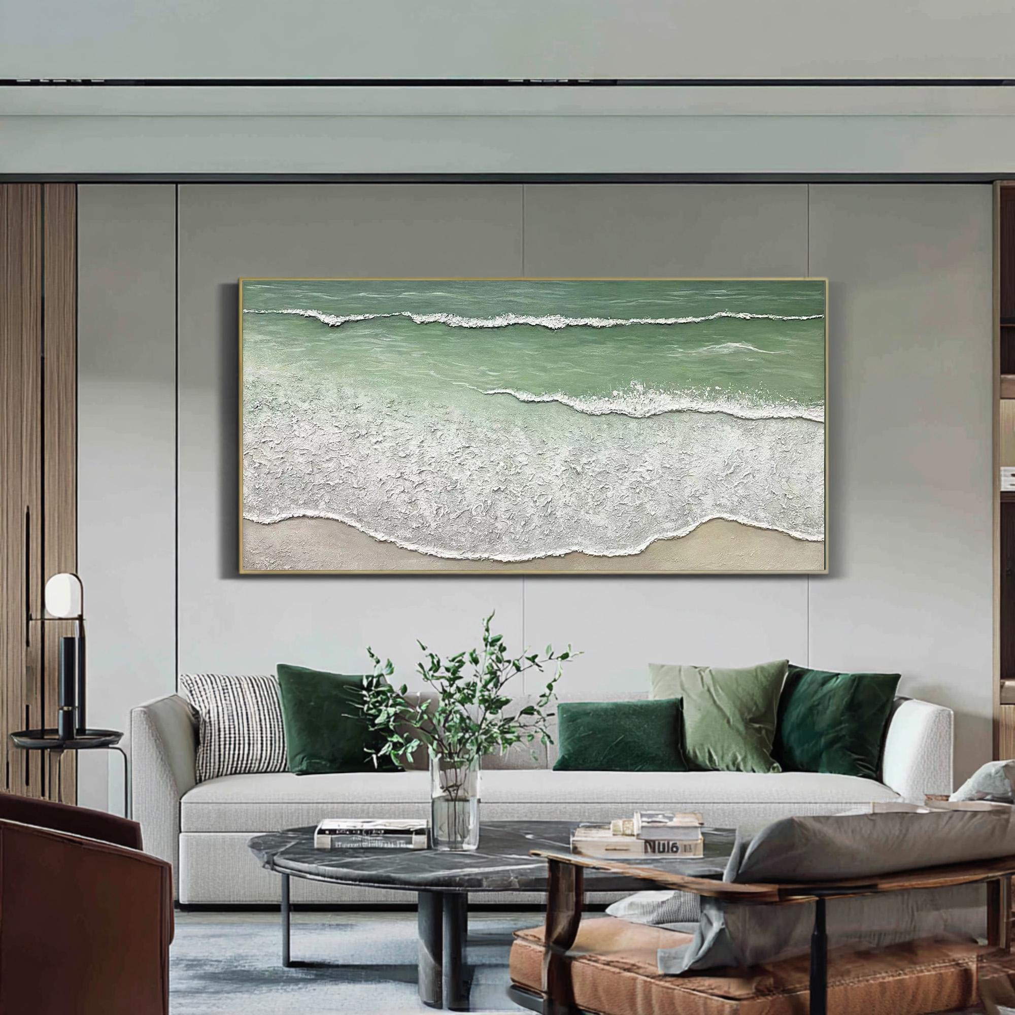 Rhythm of Tides – Modern Minimalist Ocean Wave Textured Art | Panoramic Coastal Living Room Art