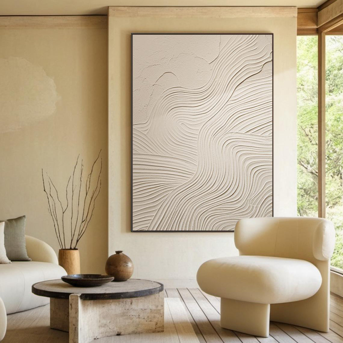 ZEN RIPPLE: Wabi-Sabi Wall Art, Hand-Painted Beige Organic Wave Line Plaster Effect 3D Textured Studio Art