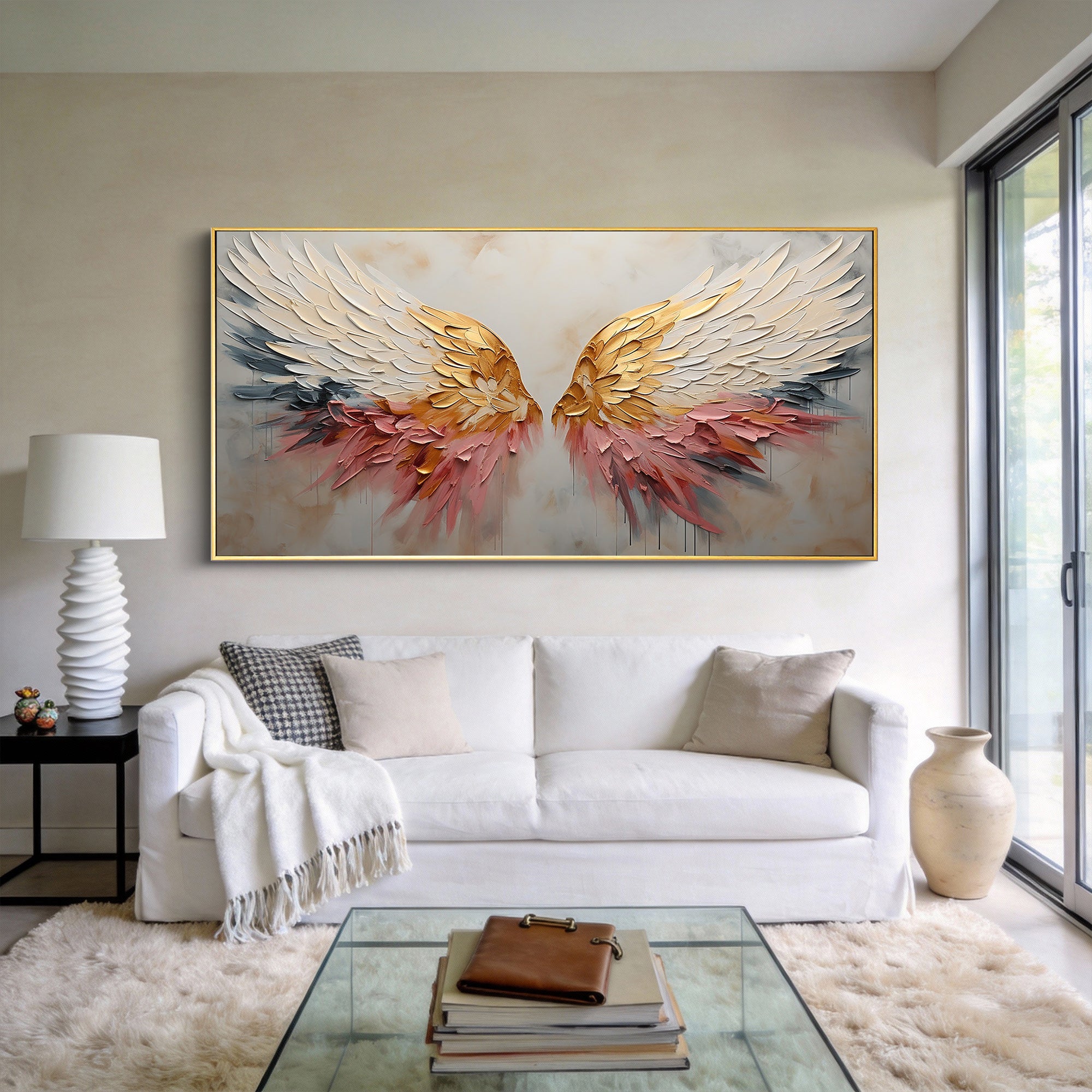 Celestial Wings – Gold Leaf Feather Relief Texture Painting | Modern Luxury Metallic Living Room & Hotel Art