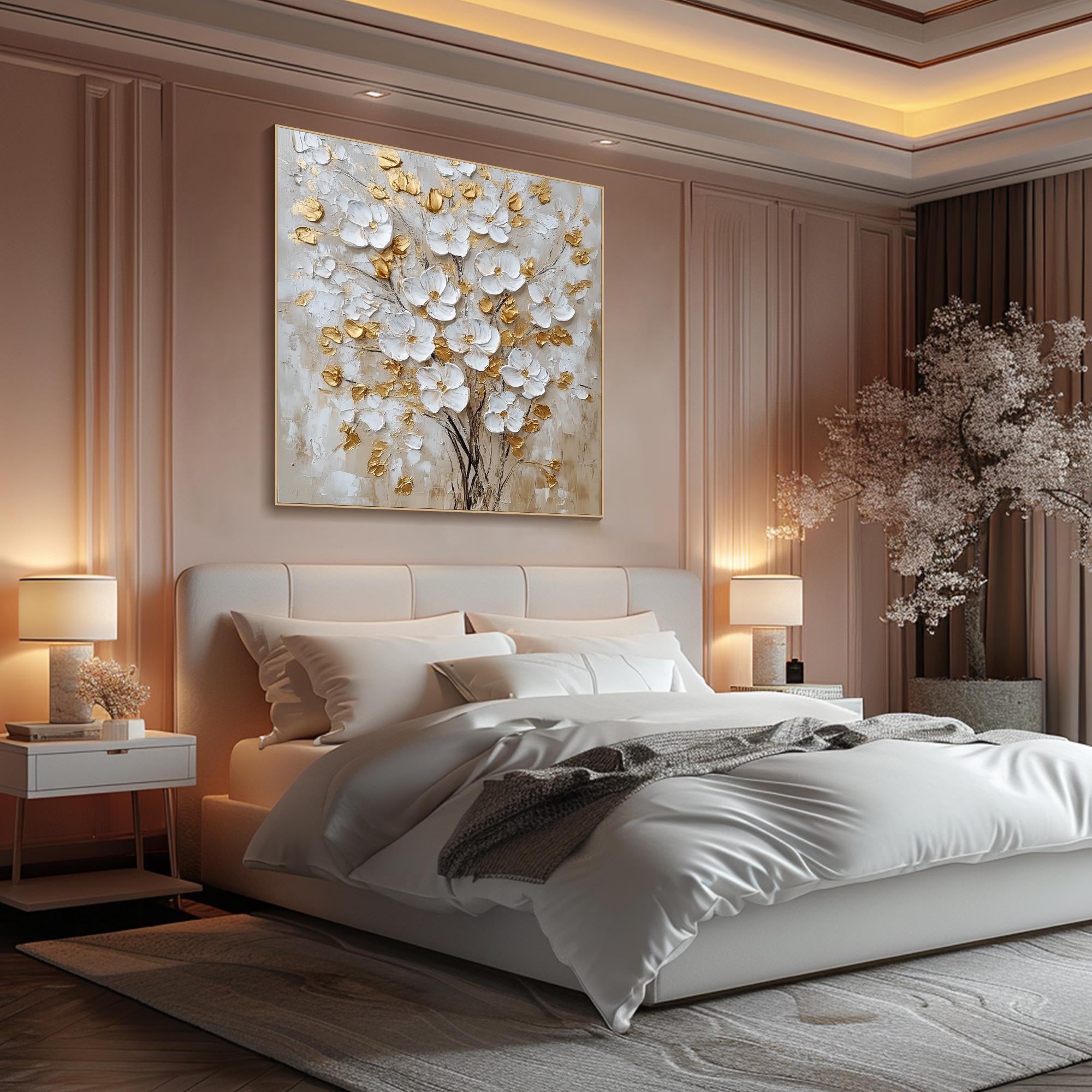 Golden Bloom – Hand-Painted White and Gold Foil 3D Relief Plaster Effect Floral Painting | Modern Luxury Botanical Bedroom & Living Room Art