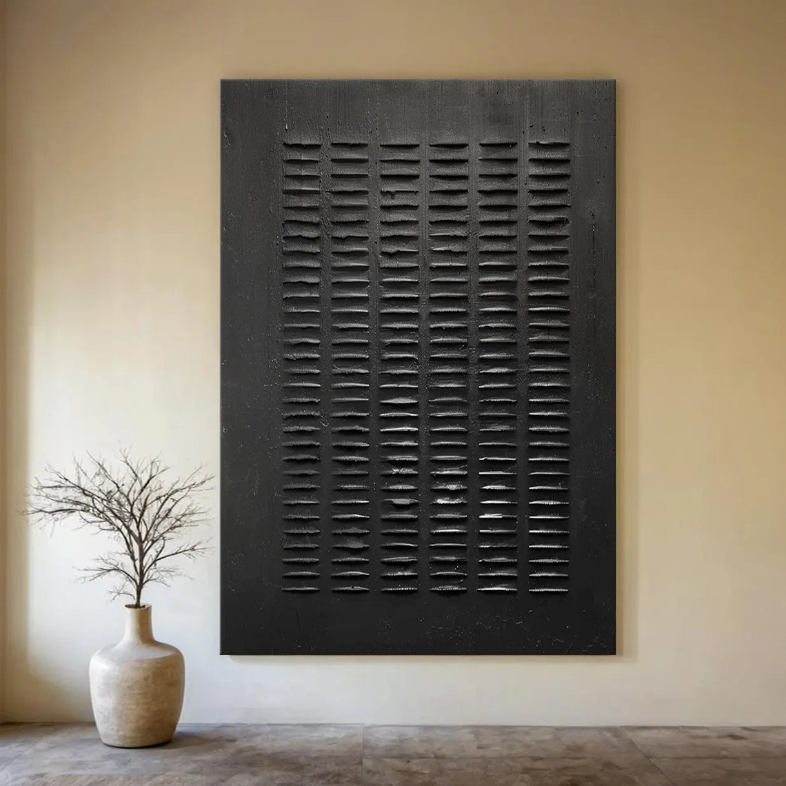 Onyx Matrix – Hand-Painted Minimalist All-Black Plaster Effect Wabi-Sabi Painting | Modern Noir Wabi-Sabi Living Room & Home Office Art
