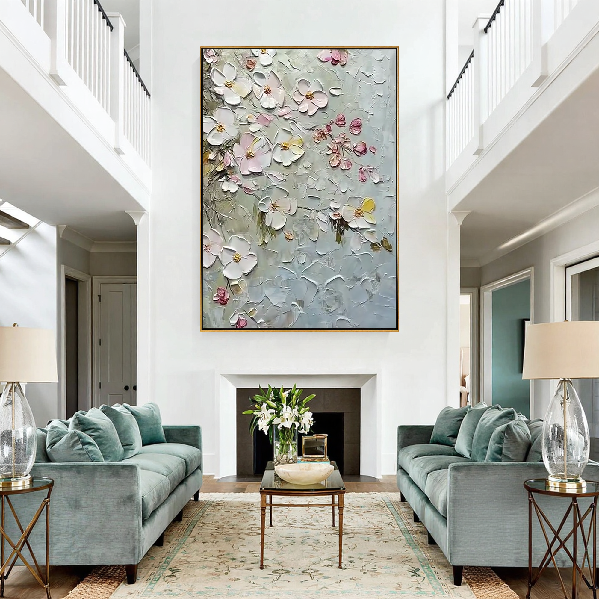 Silver Petals – Hand-Painted Grey and Soft Pink Cherry Blossom 3D Relief Plaster Floral Painting | Contemporary Botanical Bedroom & Living Room Art