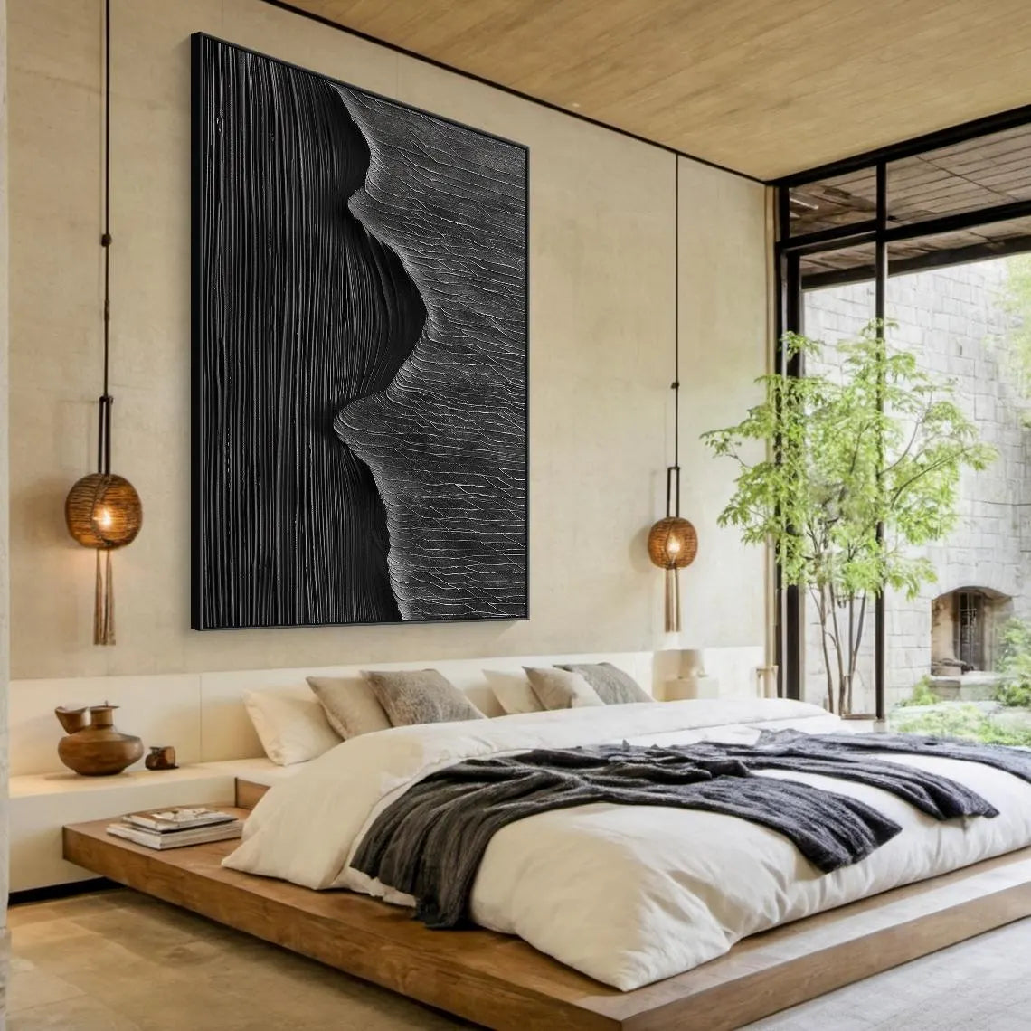Dark Pulse – Hand-Painted All-Black High-Density Linear Plaster Relief Texture Painting | Modern Industrial Plaster Home Office & Living Room Art