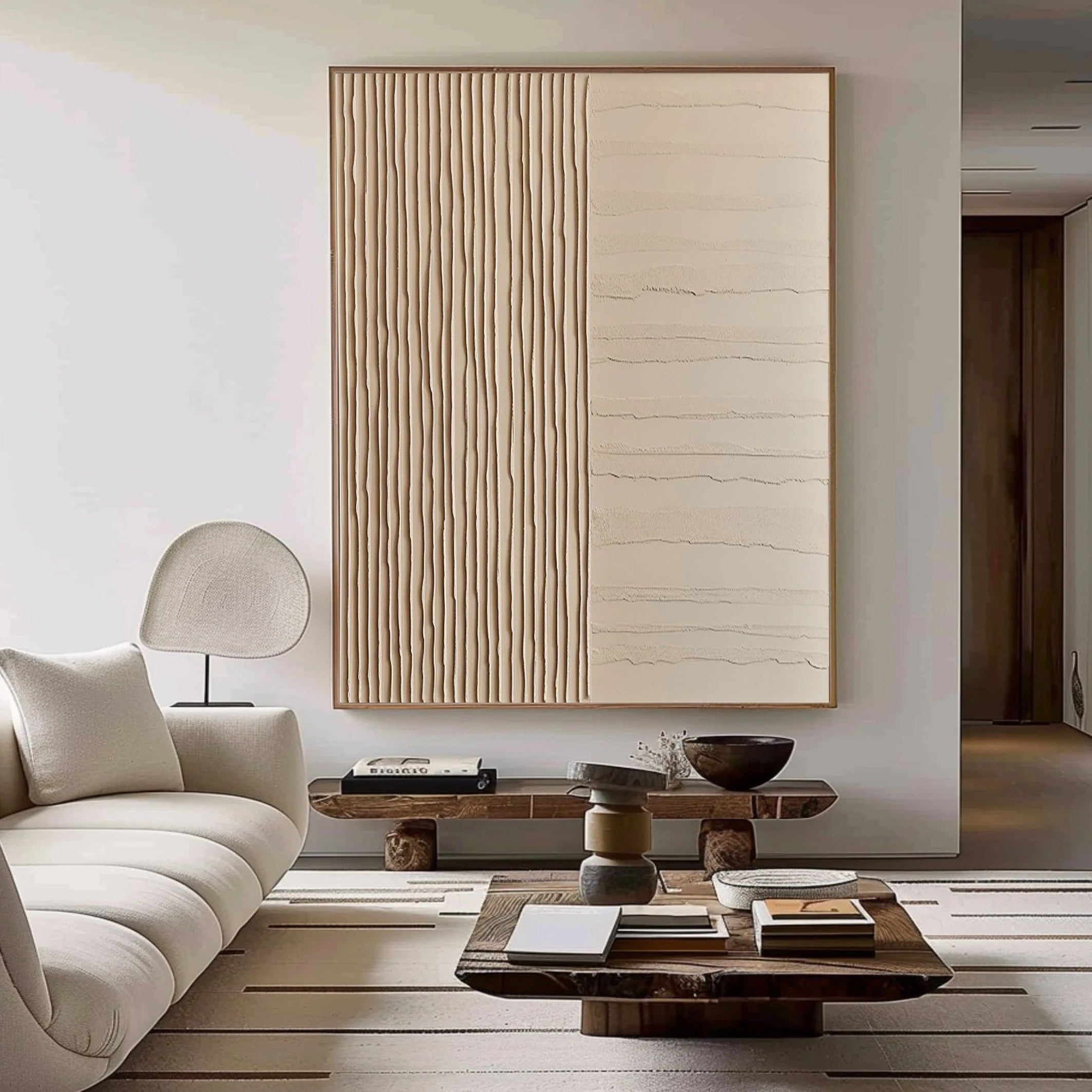 Linear Harmony – Hand-Painted Minimalist Beige Line Plaster Effect Relief Wabi-Sabi Painting | Japandi Organic Wabi-Sabi Living Room & Hallway Art