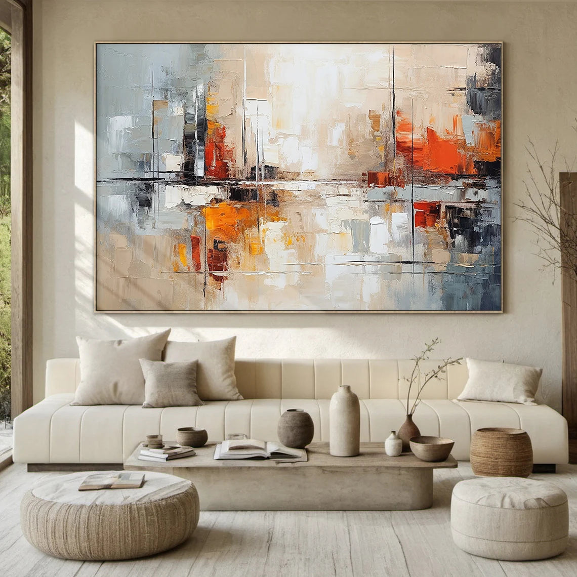 Urban Glow – Modern Orange & Grey Palette Knife Relief Abstract Painting | Modern Abstract Living Room & Office Art