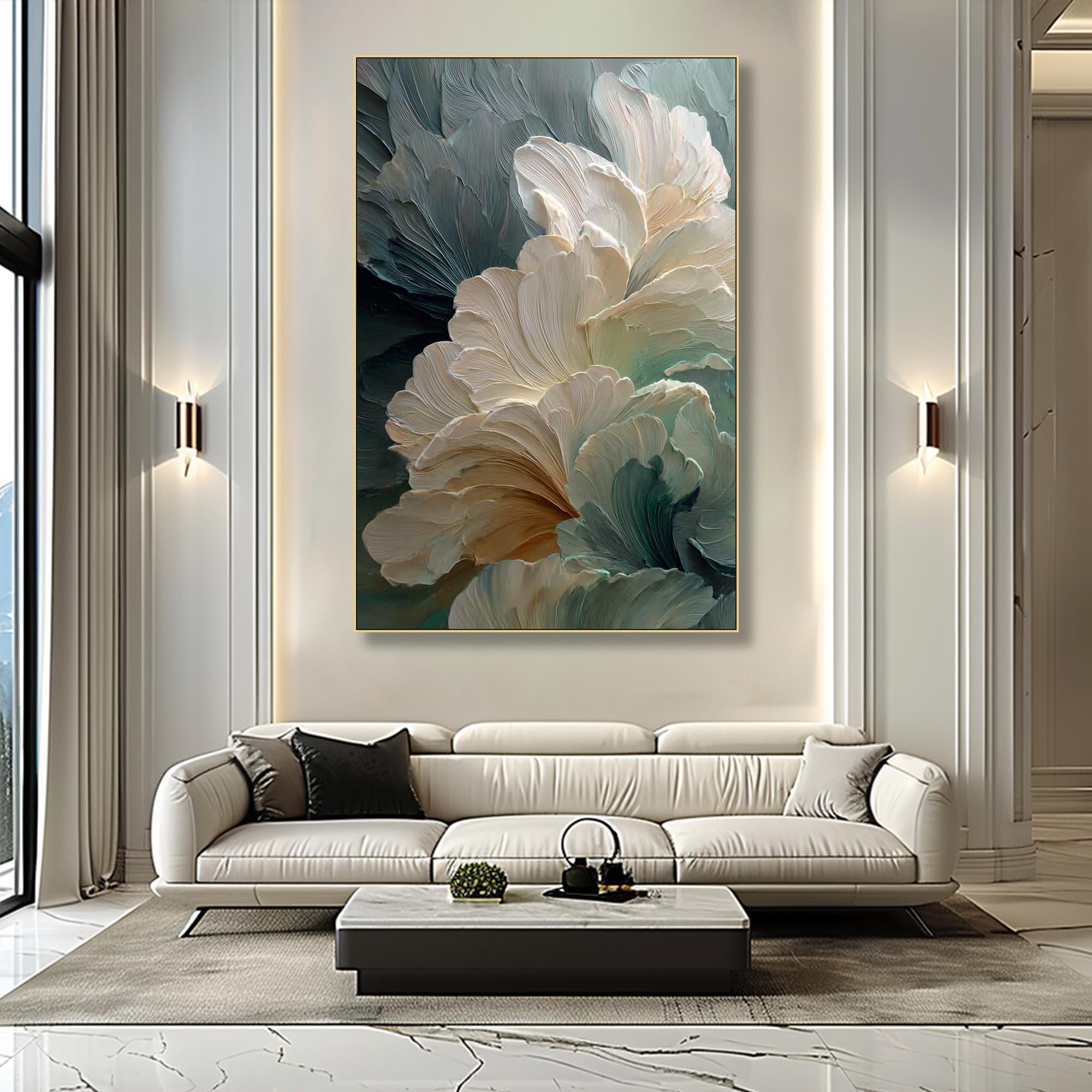 Glacier Bloom – Modern Abstract Morandi Floral Textured Painting | Luxury Impasto Bedroom Art