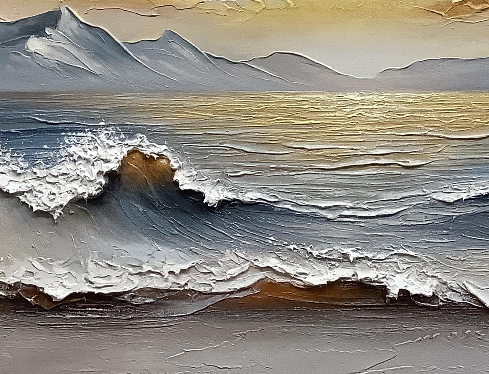 Aurum Tide – Hand-Painted Golden Sunset Mountain Ocean Wave Palette Knife Oil Seascape Painting | Contemporary Mountain Living Room & Home Office Art