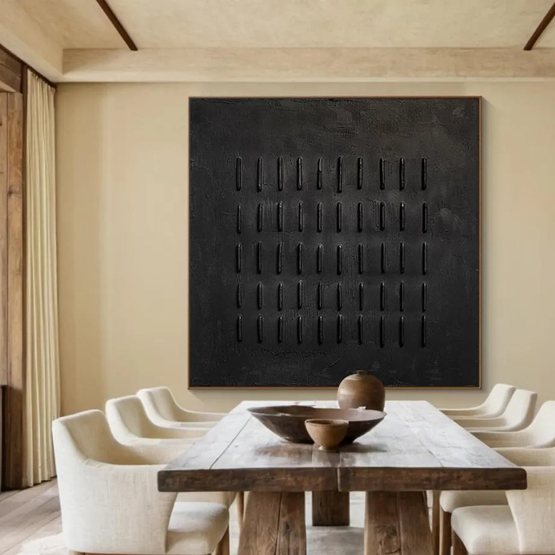 Onyx Rhythm – Hand-Painted All-Black Minimalist Plaster Relief Wabi-Sabi Painting | Modern Noir Wabi-Sabi Living Room & Home Office Art