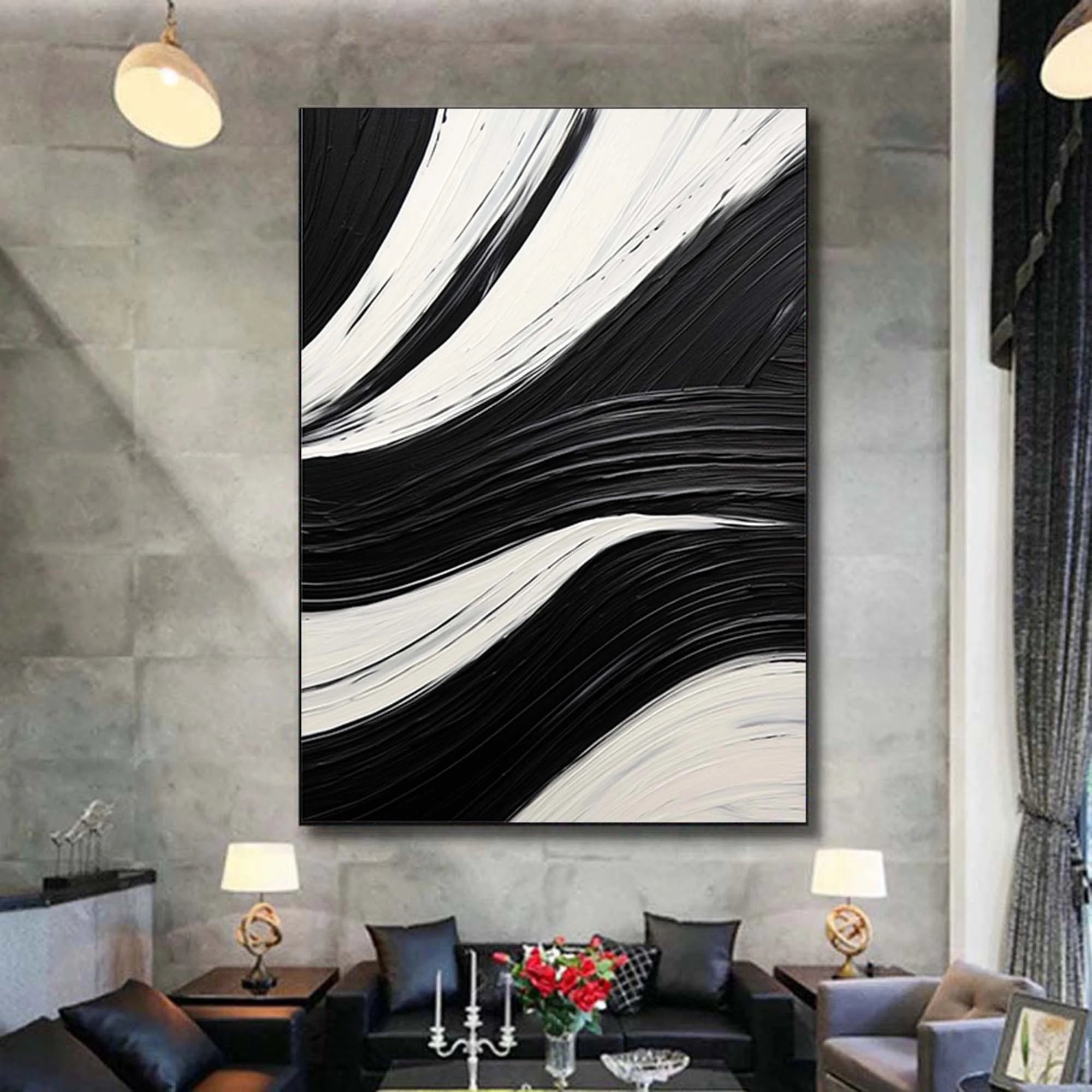 MONO SWIRL: Minimalist Wall Art, Hand-Painted Black and White Abstract Spiral Palette Knife Heavy Texture Canvas Painting