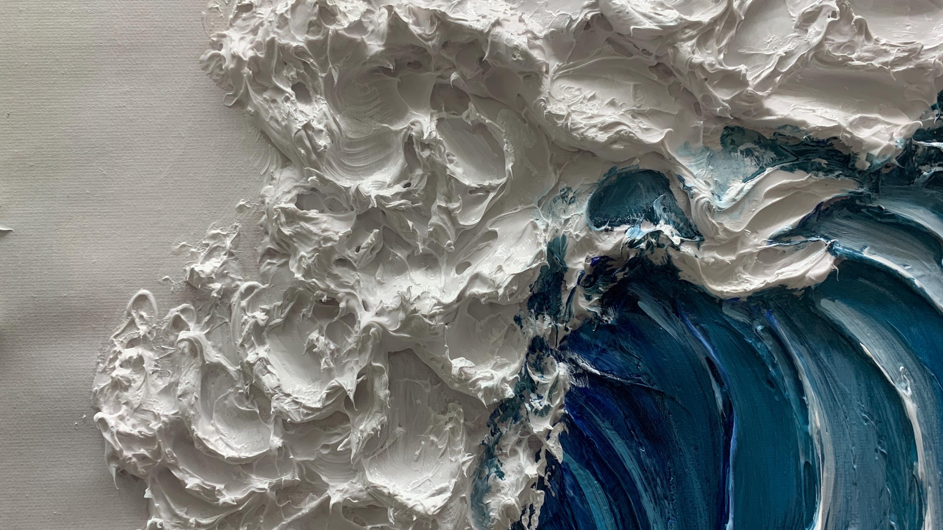 MAJESTIC CREST: Nature Wall Art, Hand-Painted Horizontal Deep Blue Ocean Wave 3D Impasto Heavy Texture Canvas Painting