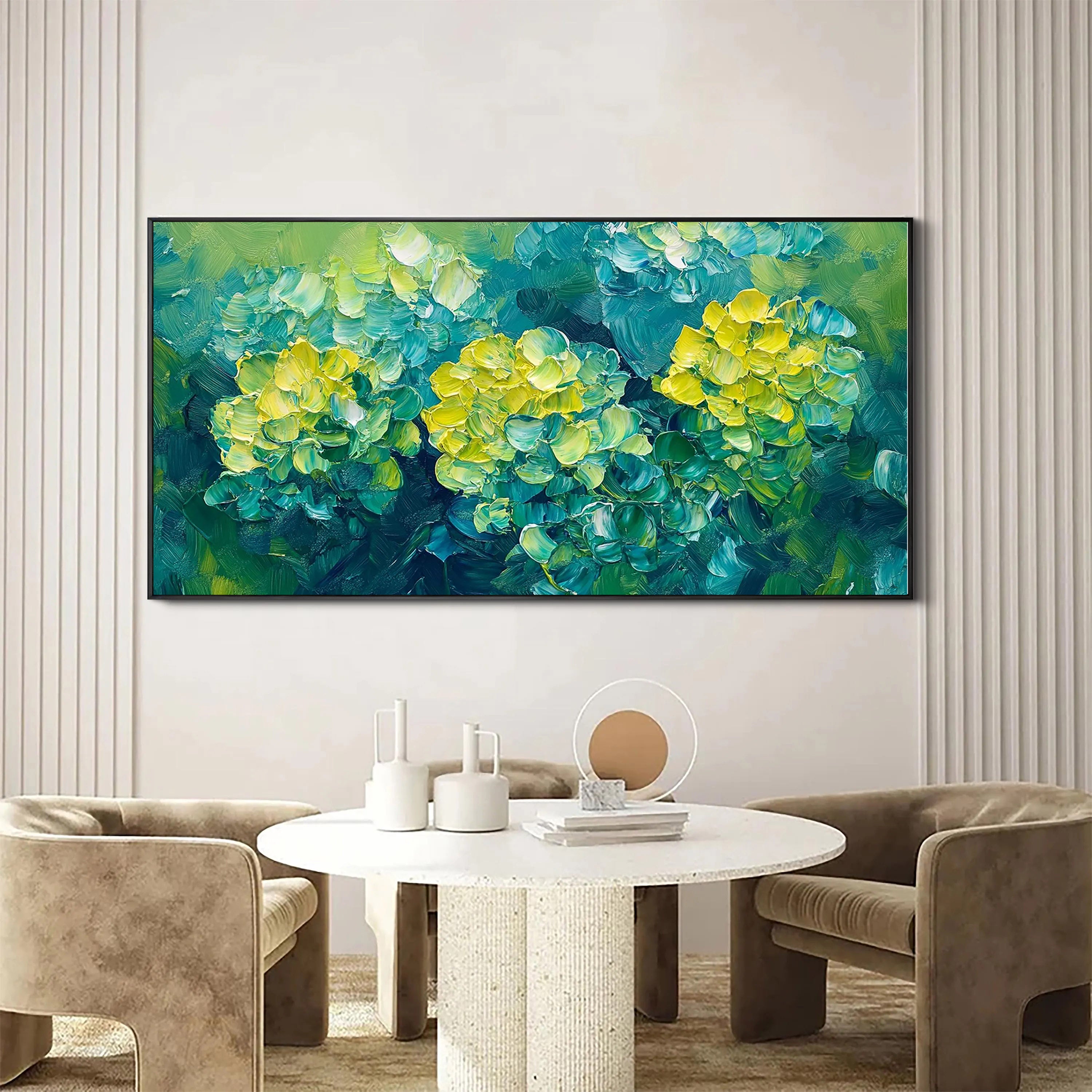 Emerald Bloom – Vibrant Floral Palette Knife Texture Painting | Vibrant Botanical Living Room & Dining Room Art