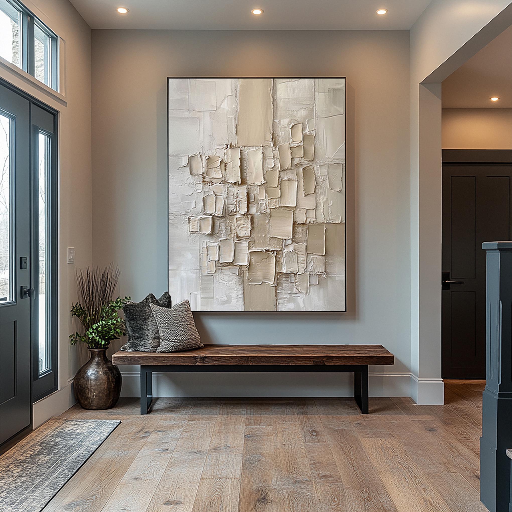 CREAMY MOSAIC: Texture Wall Art, Hand-Painted Minimalist Off-White Geometric Block Plaster Relief Heavy Texture Canvas Painting